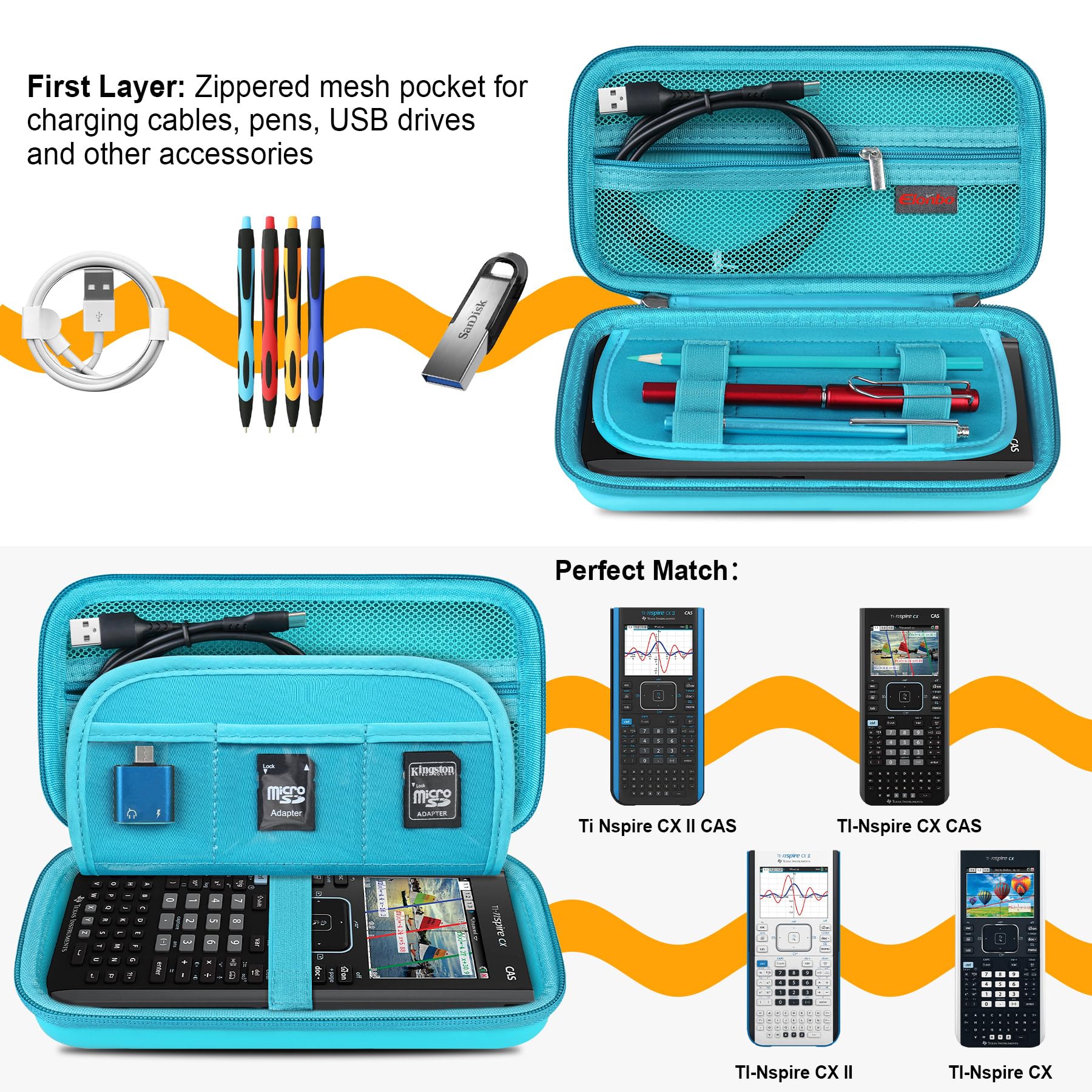 Elonbo Hard Travel Case For Texas Instruments Ti Nspire Cx Ii Cas/Cx Ii/Cx Cas Color Graphing Calculator, Extra Zipped Pocket Fits Charging Cable, Charger, Manual, Green
