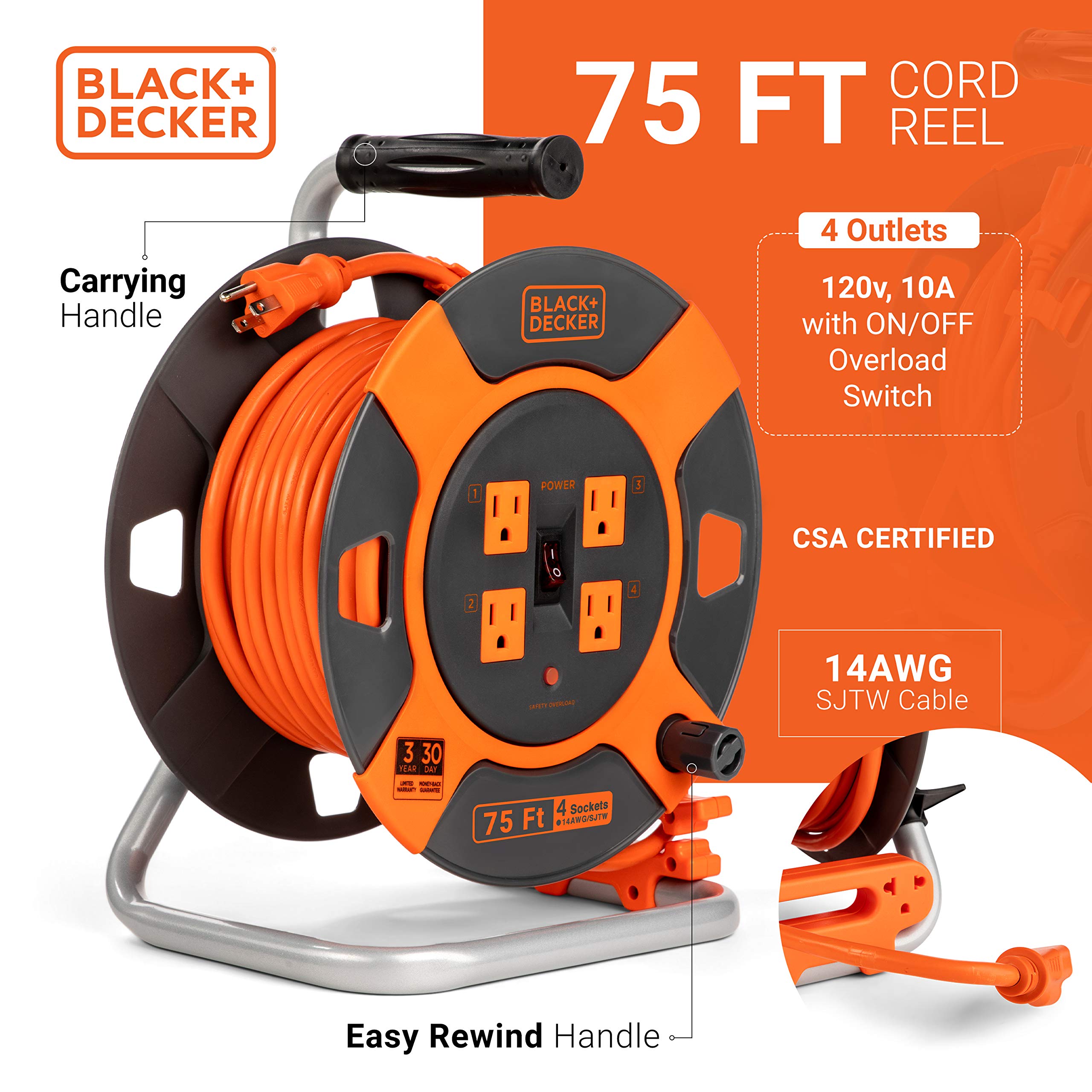 Black+Decker 75 Ft. Retractable Extension Cord Reel With 4 Outlets, Multi Plug Extension, Easy Handle Rewind & Heavy Duty 14Awg