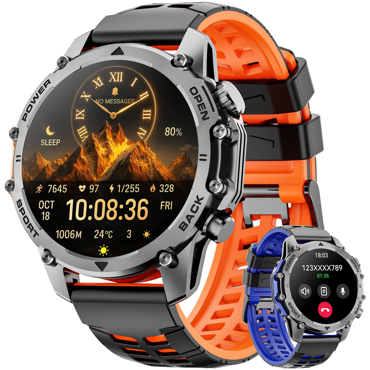 Smart Watch (Call/Notification),1.52'' Military Smart Watches For Men, Two Style Kits,Flashlight,100+Sport Modes/Heart Rate/Slee