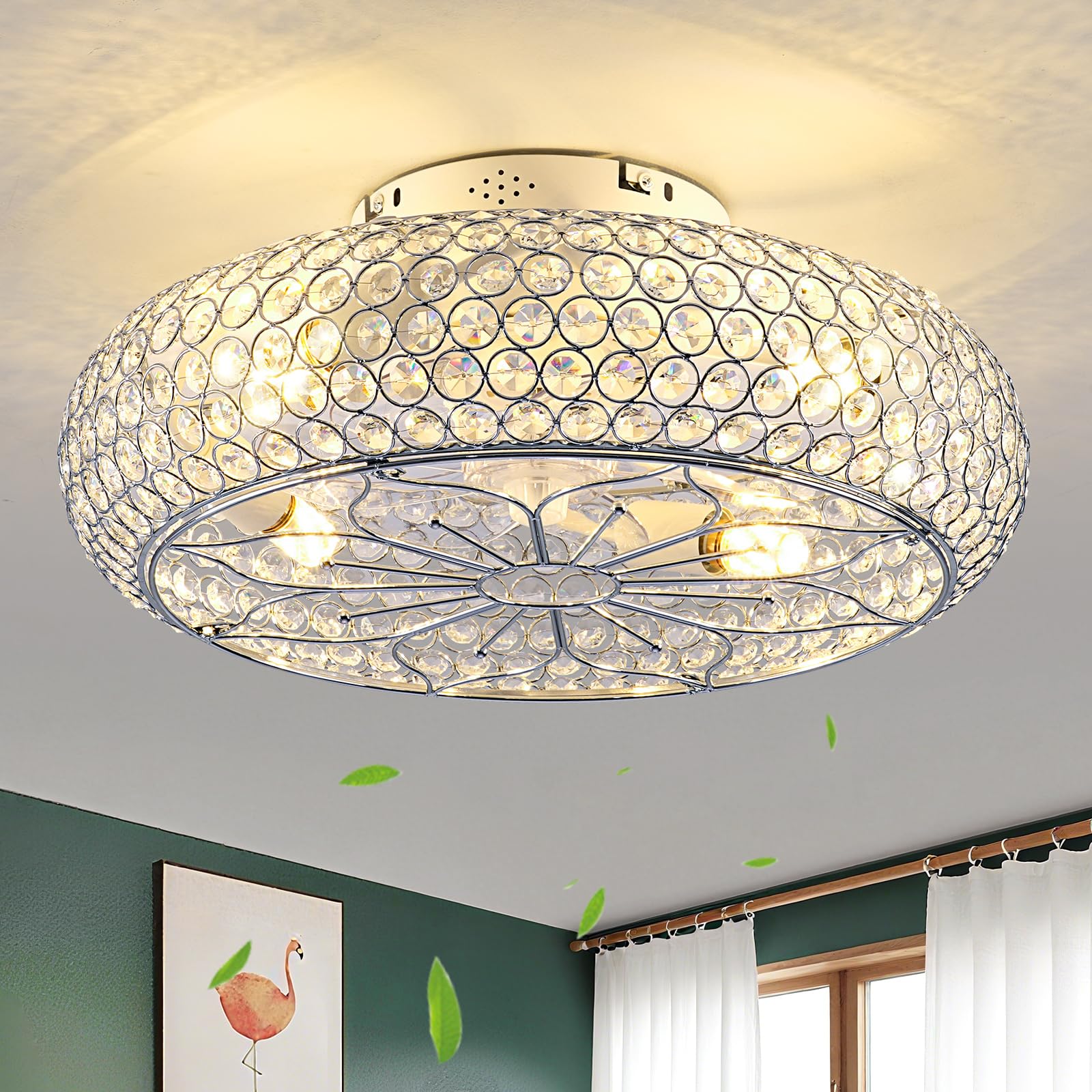 Caged Crystal Ceiling Fans with Lights and Remote,20 Flush Mount Low Profile Ceiling Fan with Light,6 Speed Enclosed Ceiling Fan
