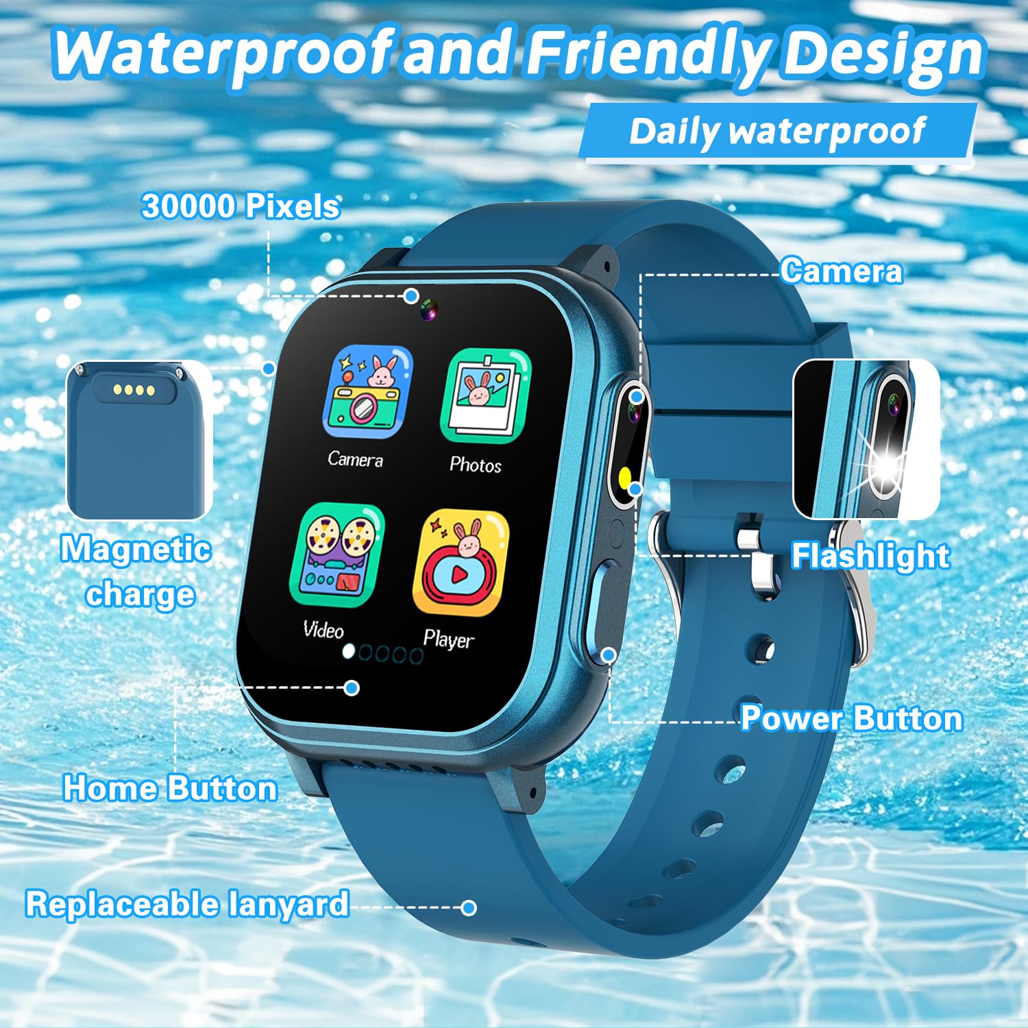 Kids Waterproof Smart Watch With 32 Games Hd Touchscreen Dual Camera Music Player Pedometer Flashlight Habit Tracking Learn Card