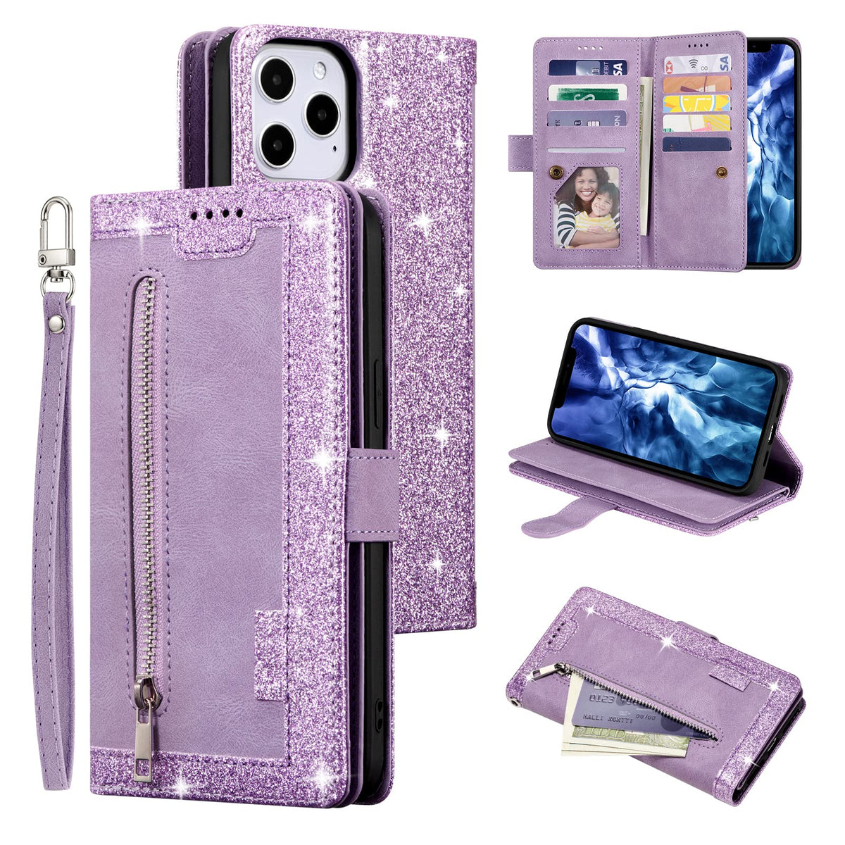 Ueebai Wallet Case For Iphone 12 Iphone 12 Pro 6.1 Inch, Retro 9 Card Holder Slots Zipper Pocket Handbag Case Pu Leather Magneti