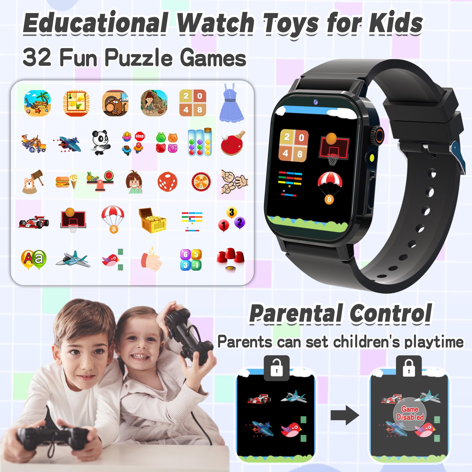 Kids Smart Watch Boys, Kids Game Smart Watch With 32 Games Hd Touch Screen Video Camera Music Player Audiobooks Pedometer Flashl