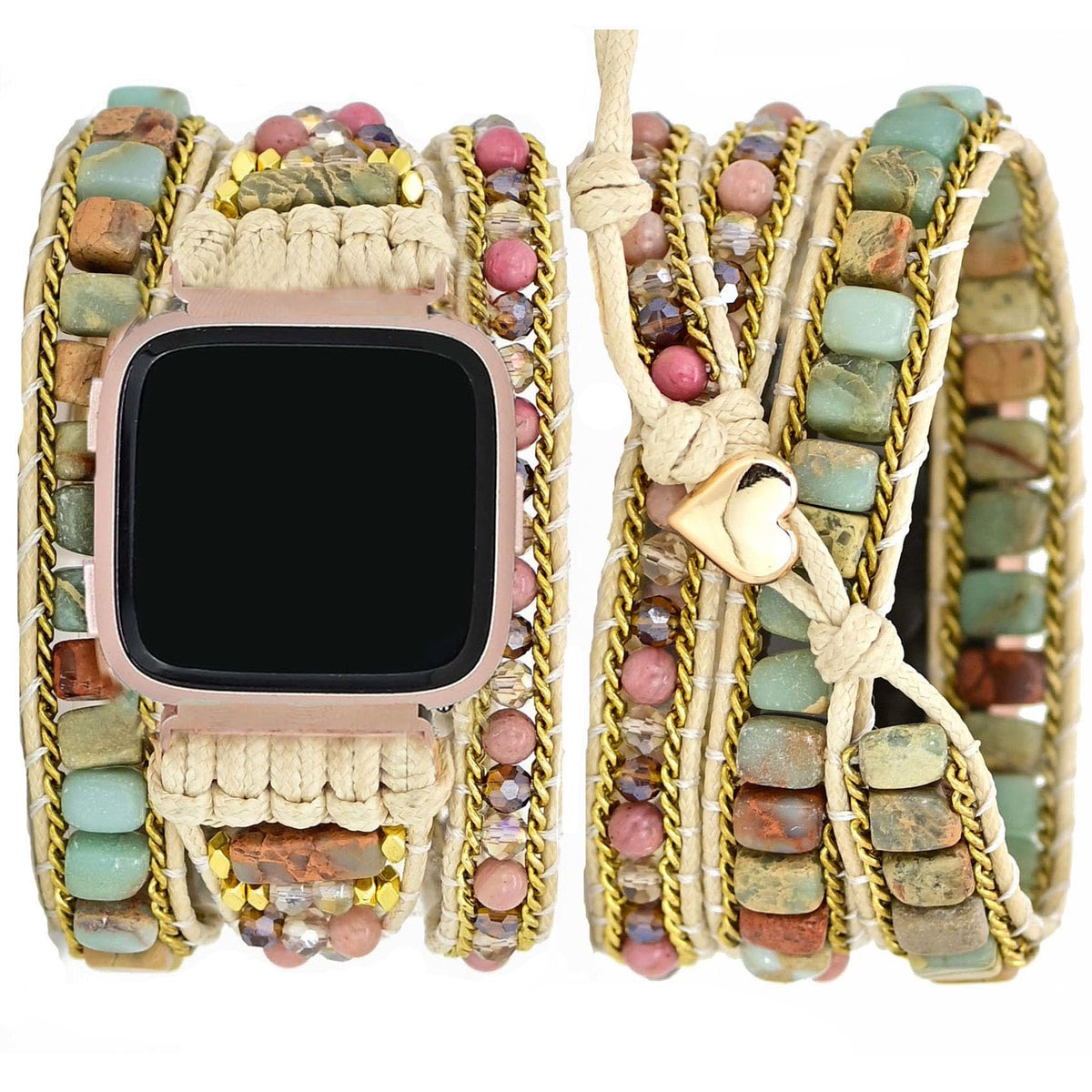 Somesame Compatible With Fitbit Versa/Versa 2/Versa Lite/Versa Se Bands Boho Beads Bracelets,Bohemian Multilayer 3 Wraps Chakra Leather Handmade Braided Natural Stone Rope Watch Strap For Women Men