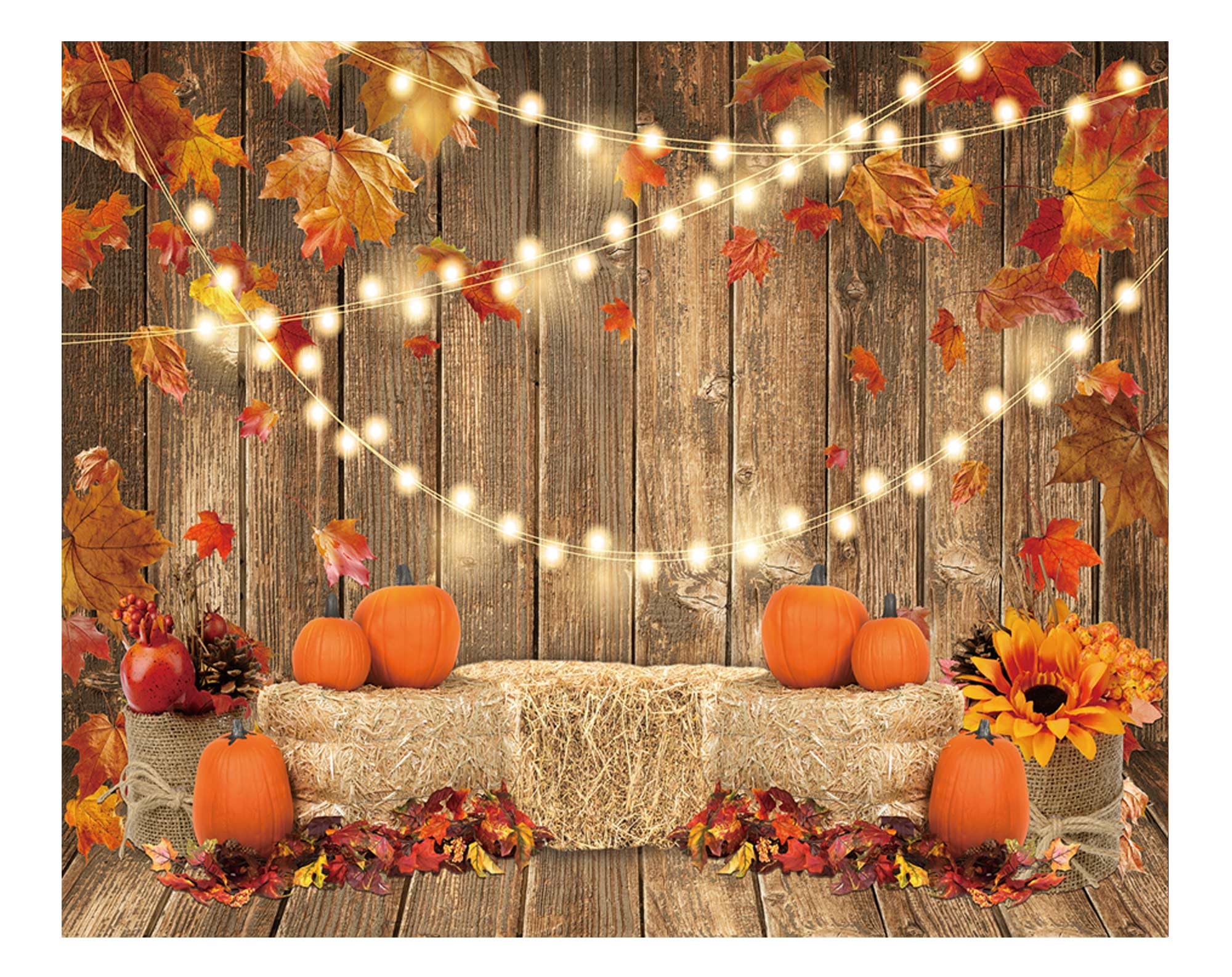 Funnytree 10X8Ft Fall Pumpkin Photography Backdrop Autumn Tanksgiving Harvest Hay Leaves Wooden Background Sunflower Maple Baby