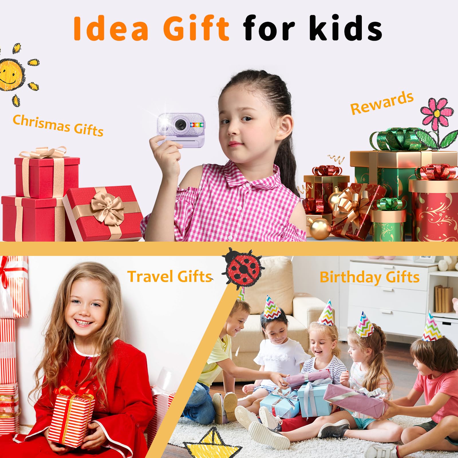 Instant Print Camera For Kids, Christmas Birthday Gifts For Girls Boys Age 3 12, Thermal Printing,1080P Digital Video Portable T