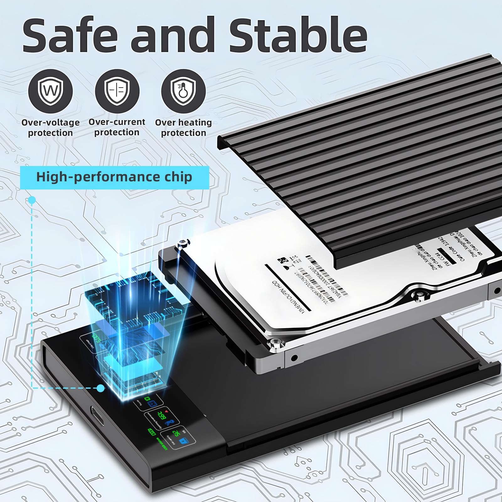 ShuoLe 2.5 Inch SATA to USB-C 3.2 External Hard Drive Enclosure U25T-P with LCD Display ABS Black
