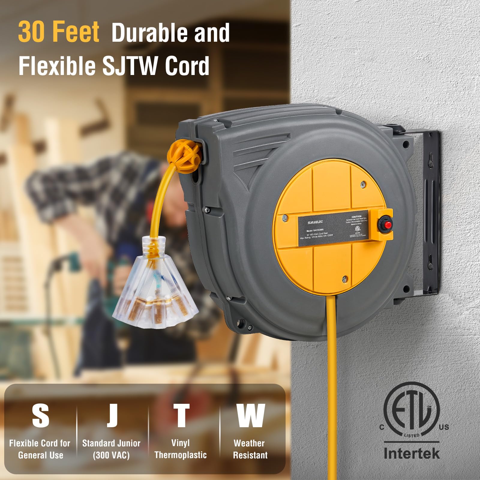 Suraielec 30 Ft Retractable Extension Cord Reel, 16Awg/3C Sjtw Power Cord Reel, 3 Electrical Outlets Triple Tap, 10A Circuit Bre