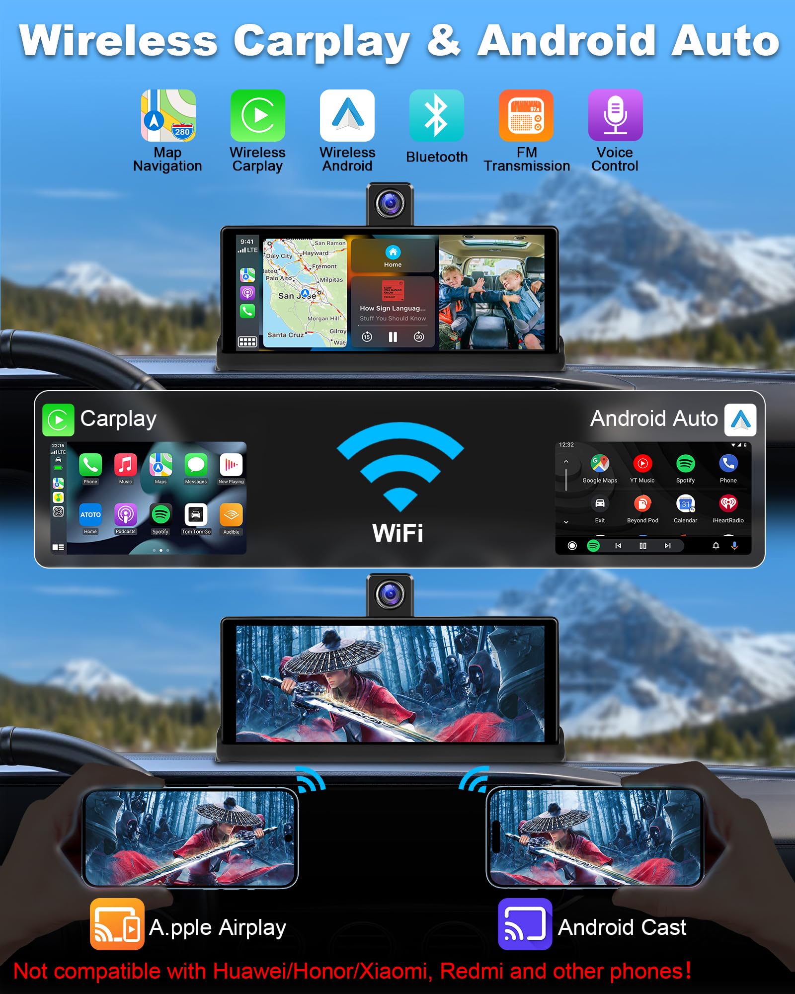 4K Apple Carplay With 350 Rotatable Camera 10.26'' Carplay Screen For Car Auto Brightness Wireless Carplay & Android Auto Naviga
