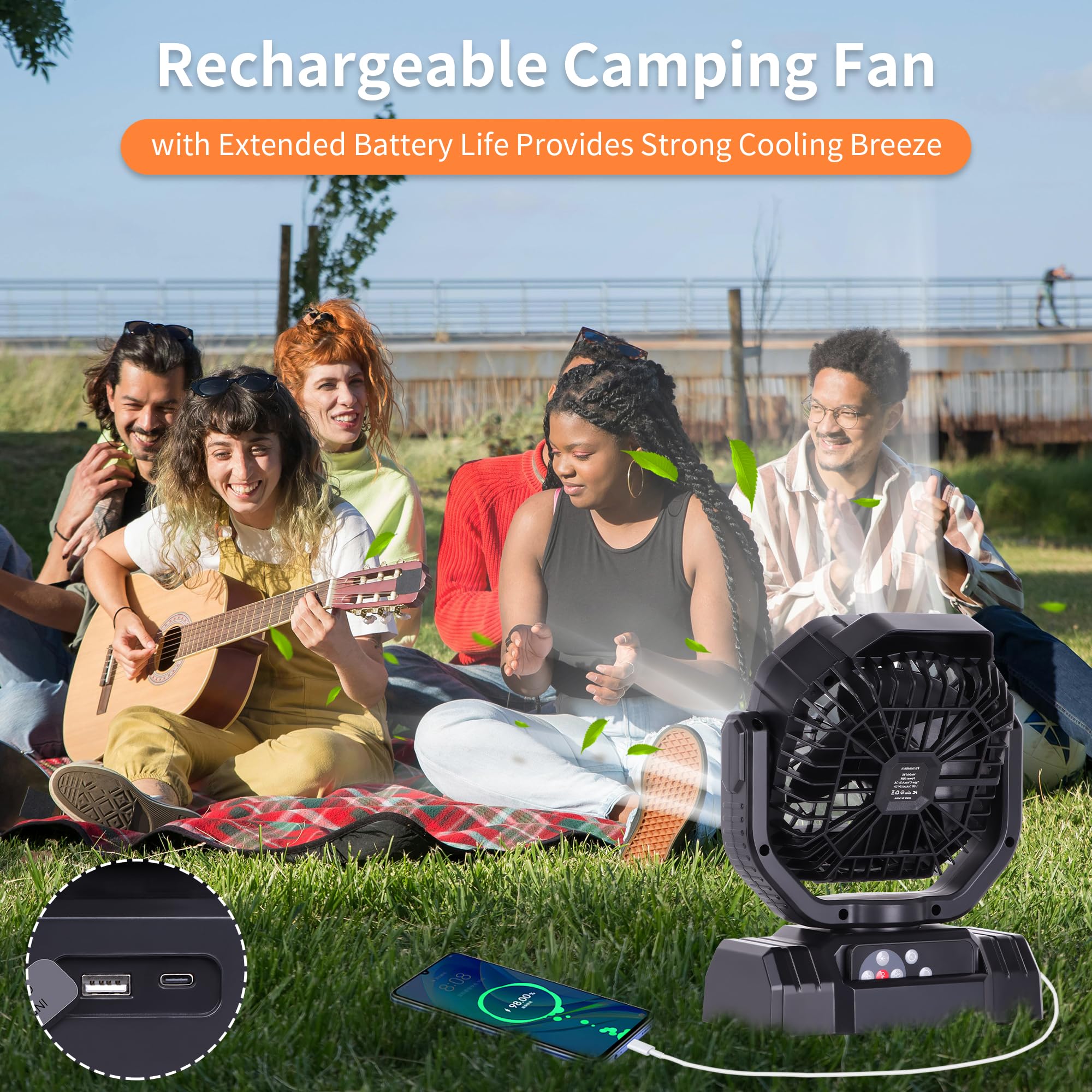 Avv High Speed Portable Camping Fan Rechargeable Fan, Oscillation Fan With Remote Control, And Led Light Battery Powered Fan Out