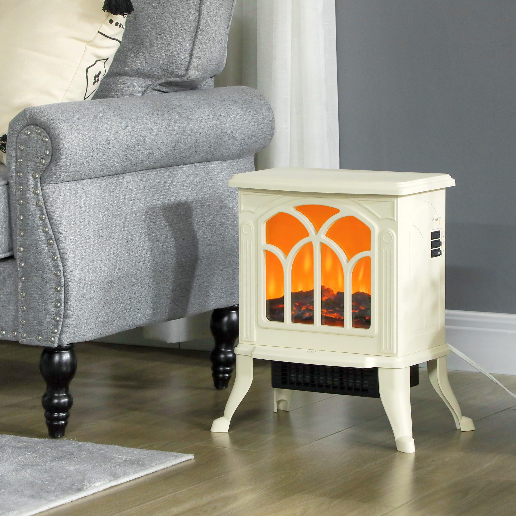 Homcom 17 Freestanding Electric Fireplace Stove, Fire Place Heater With Realistic Logs And Flame Effect And Overheat Protection,