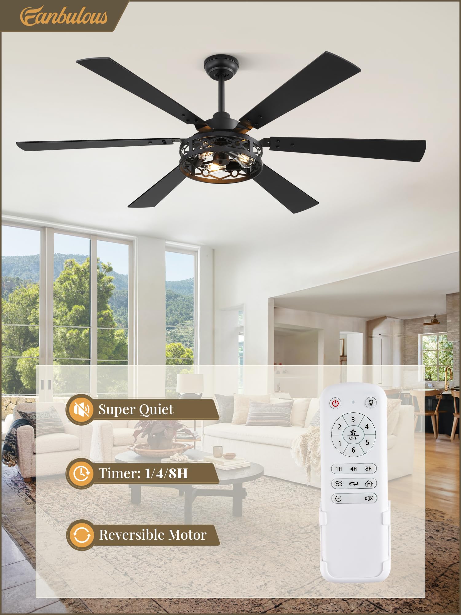 Fanbulous 65 Inch Ceiling Fan With Lights, Farmhouse Caged Ceiling Fans With Remote, Black Industrial Ceiling Fans With Quiet Re