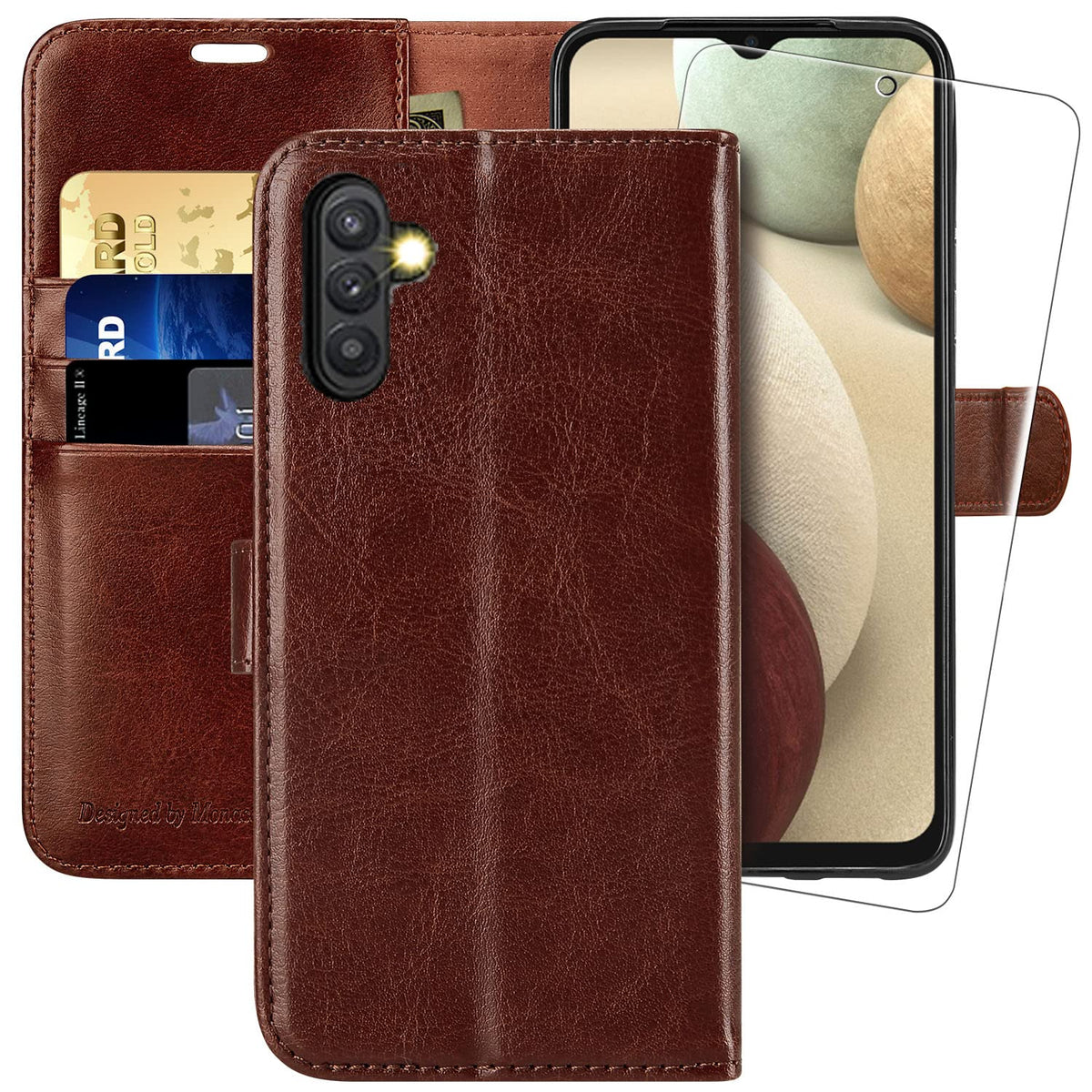 Monasay Galaxy A14 5G Wallet Case, [Included Glass Screen Protector][Rfid Blocking] Flip Folio Leather Cell Phone Cover With Cre