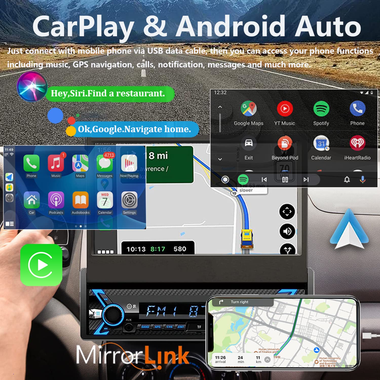 Naifay Single Din Car Stereo With Dash Cam & Backup Camera, 7Inch Flip Out Single Din Touchscreen Car Stereo With Apple Carplay