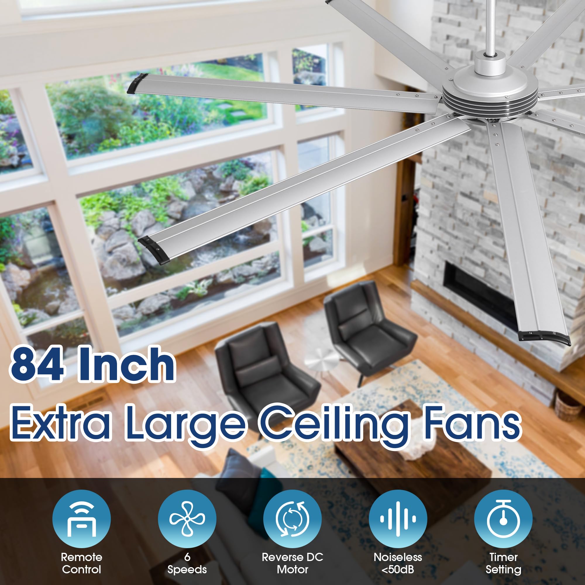 84 Inch Ceiling Fans Without Lights, Silver Industrial Large Ceiling Fan No Light For Bedroom Living Room Shop Garage Indoor Out