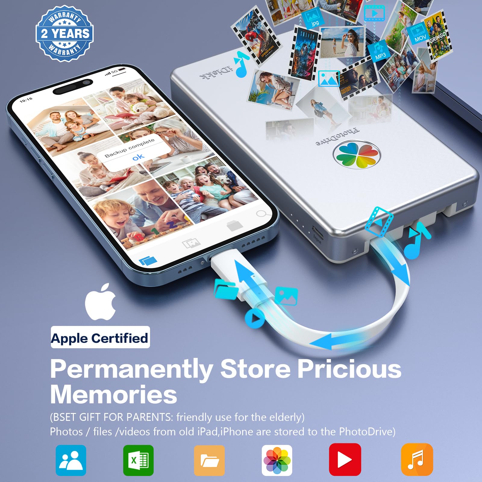 Idiskk App-Le Certified 1Tb External Hard Drive For Iphone Ipad Android Phones,Macbook,Computer To Auto Backup Docs Photos/Video