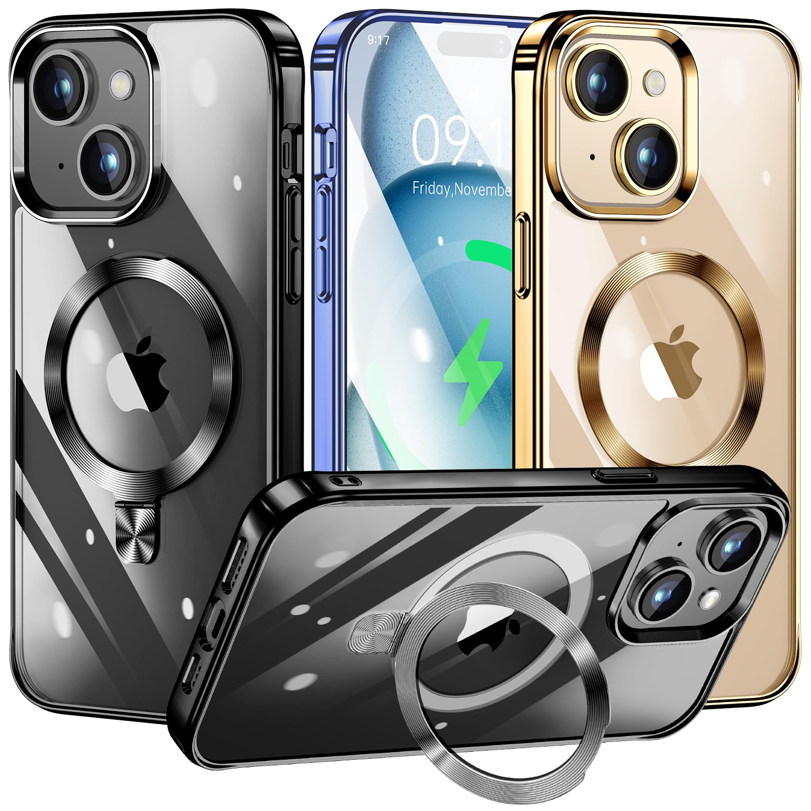 Tlikemiss [Cd Ring Compatible With Magsafe Invisible Stand] Magnetic For Iphone 15 Case, [Electroplated Bumper Non Yellowing][Lo