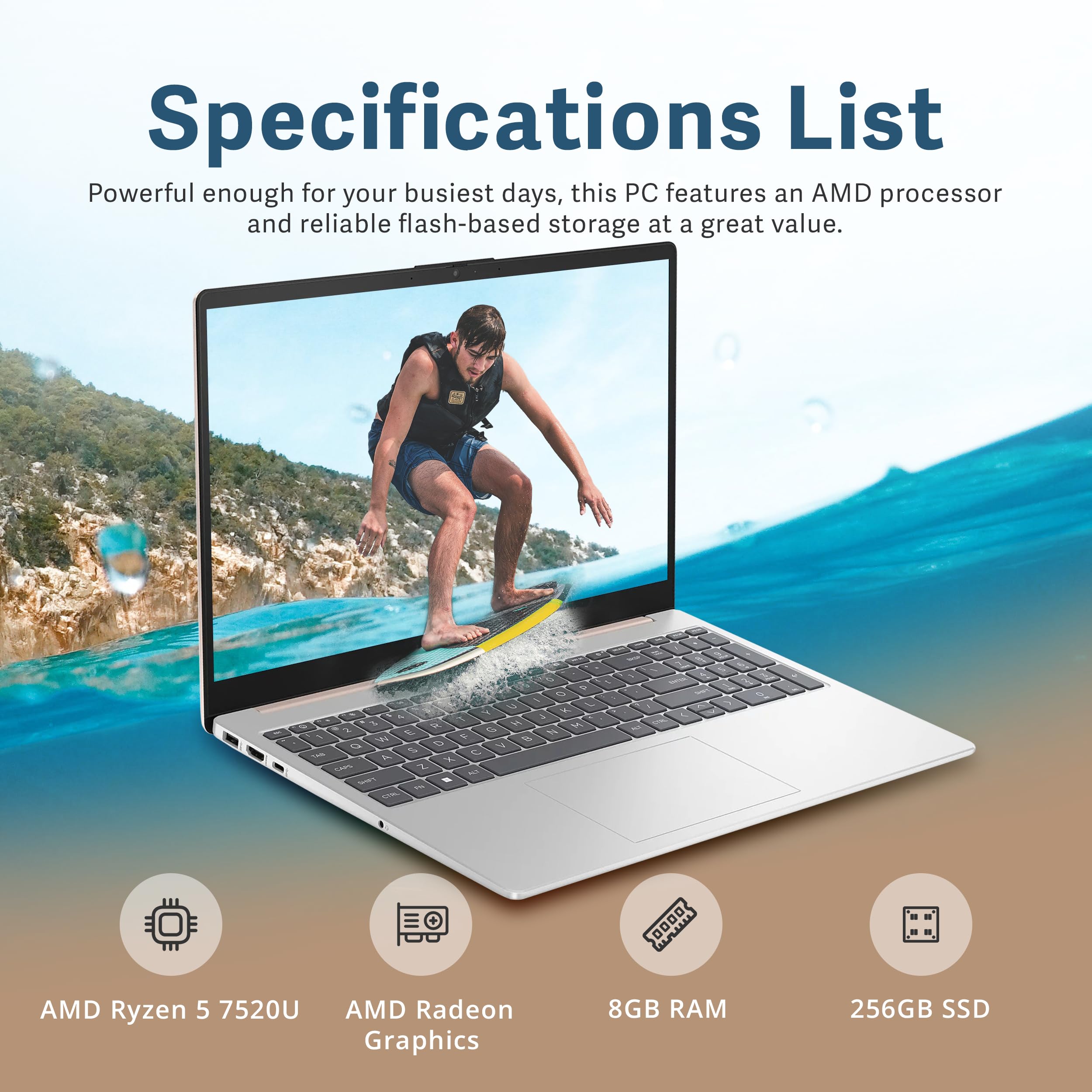 Hp 15.6'' Fhd Laptop, Amd Ryzen 5 7520U, 8Gb Lpddr5 Ram, 256Gb Ssd, Numeric Keypad, 720P Hd Webcam, Wi-Fi 6, Amd Radeon Graphics