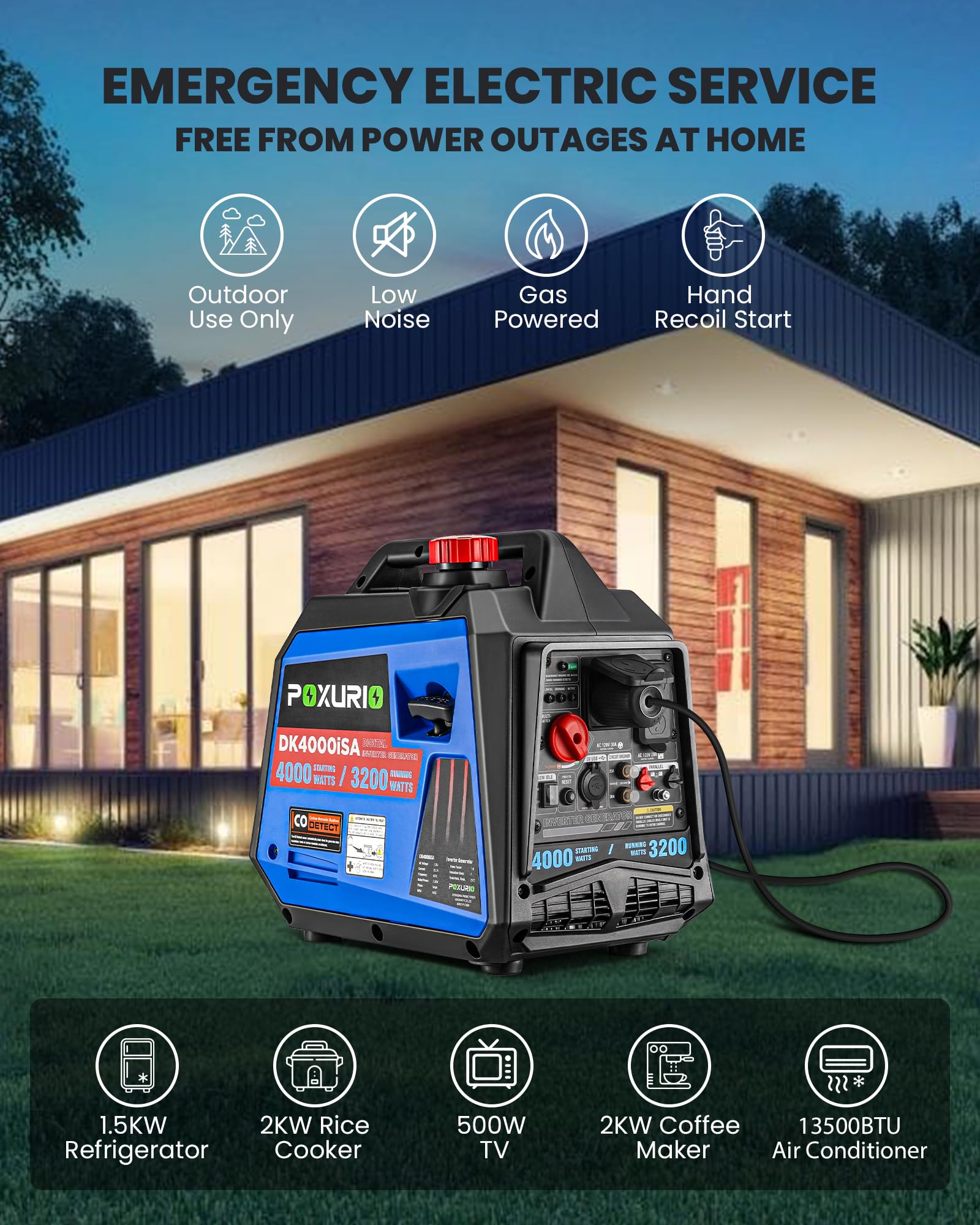 Poxurio 4000 Watt Inverter Generator, 120V Gas Powered Generator Super Quiet, Co Alarm/Rv Ready/Epa For Rv, Camping And Home
