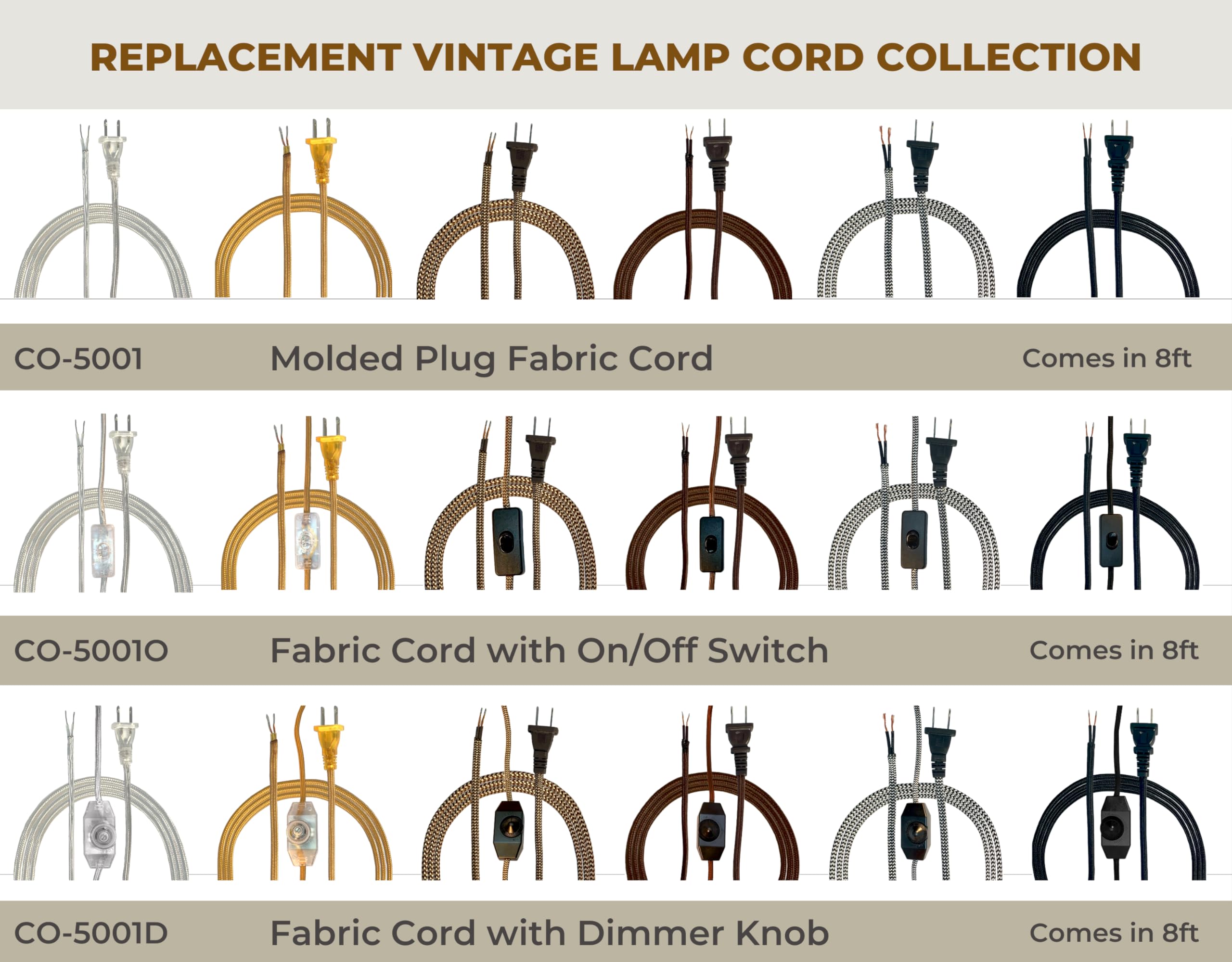 Royal Designs, Inc Co 5001D Gl 8 2 Royal Designs Lamp Cord Molded Plug With Rotary Dimmer Switch, Stripped Ends Ready For Wiring
