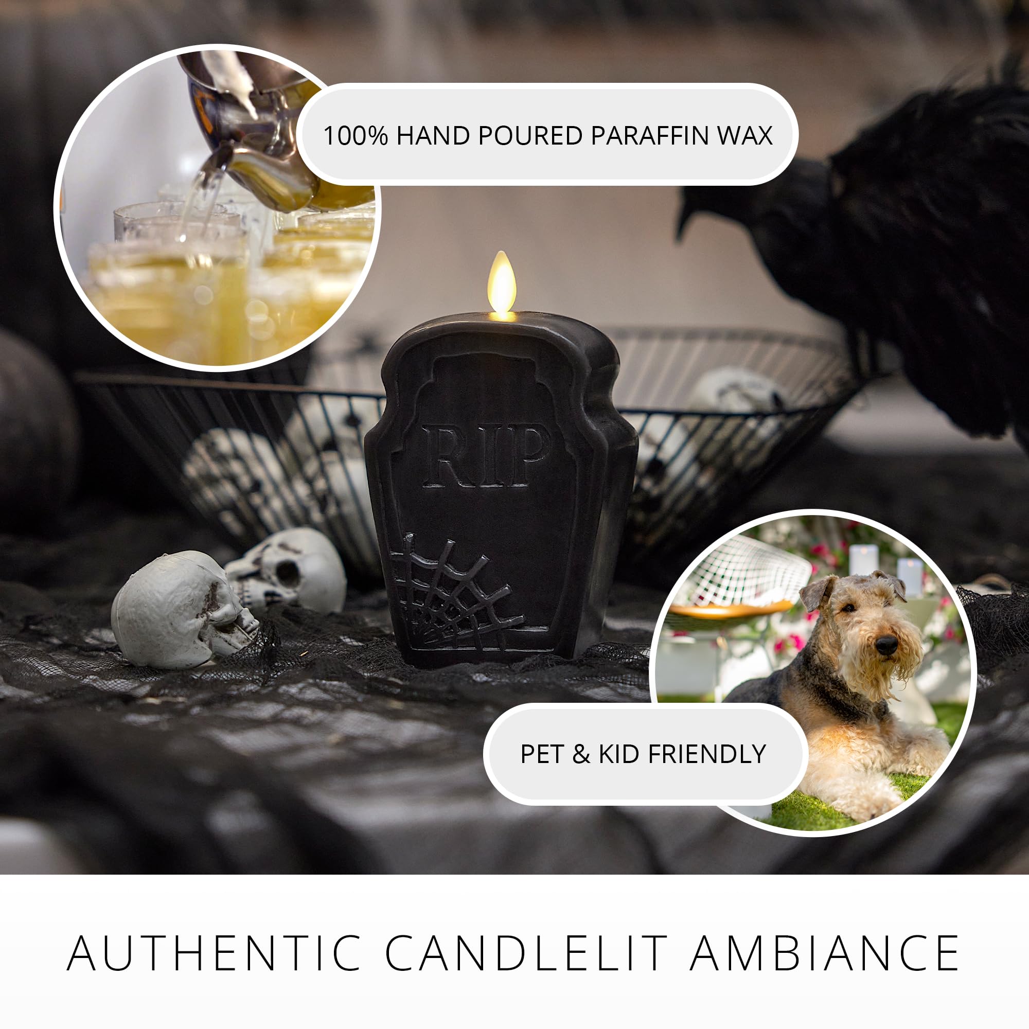 Luminara Black Flameless Candle Rip Tombstone Figural (2'' X 5.5'') Moving Flame Battery Operated Led Candle Lights Halloween De