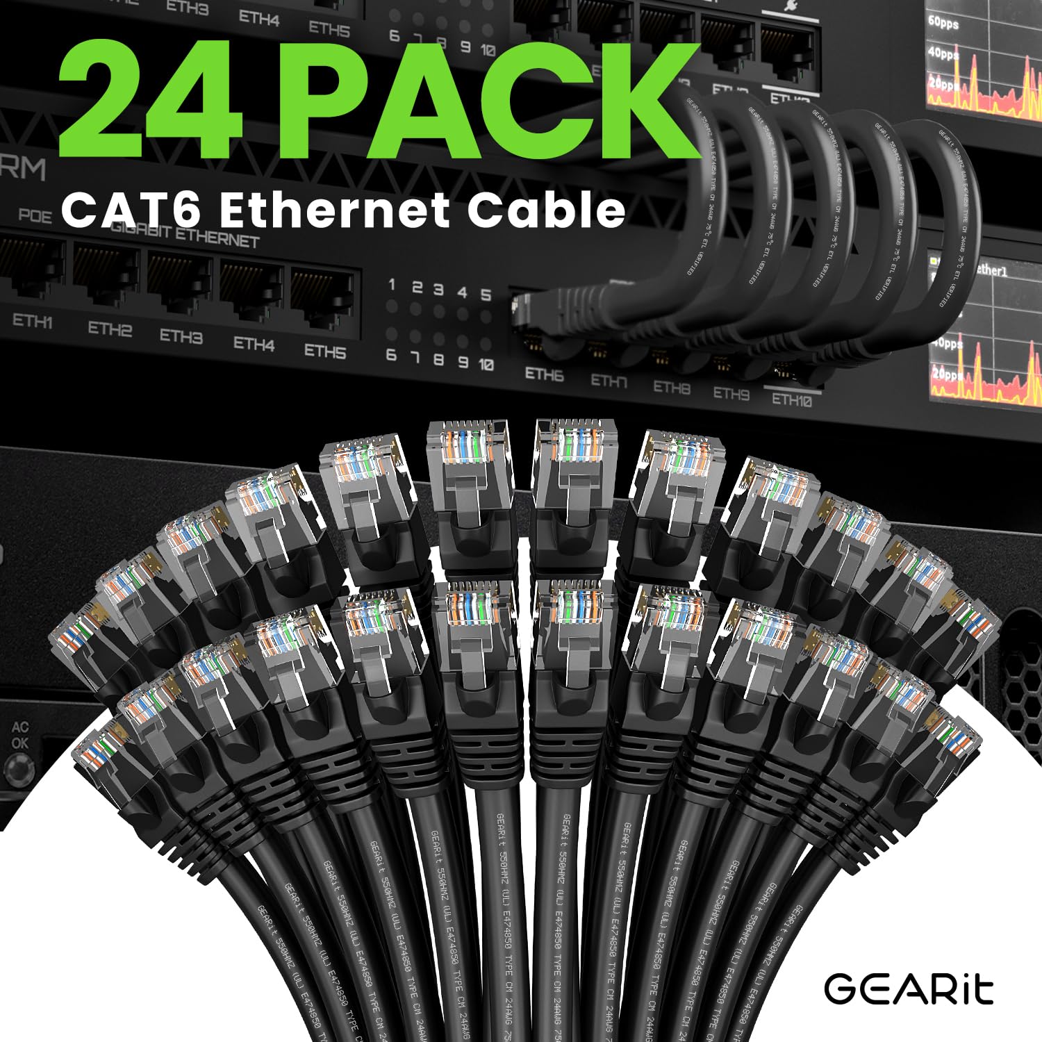 Gearit Cat 6 Ethernet Cable 1.5 Ft 18 Inch (24 Pack)   Cat6 Patch Cable, Cat 6 Patch Cable, Cat6 Cable, Cat 6 Cable, Cat6 Ethern