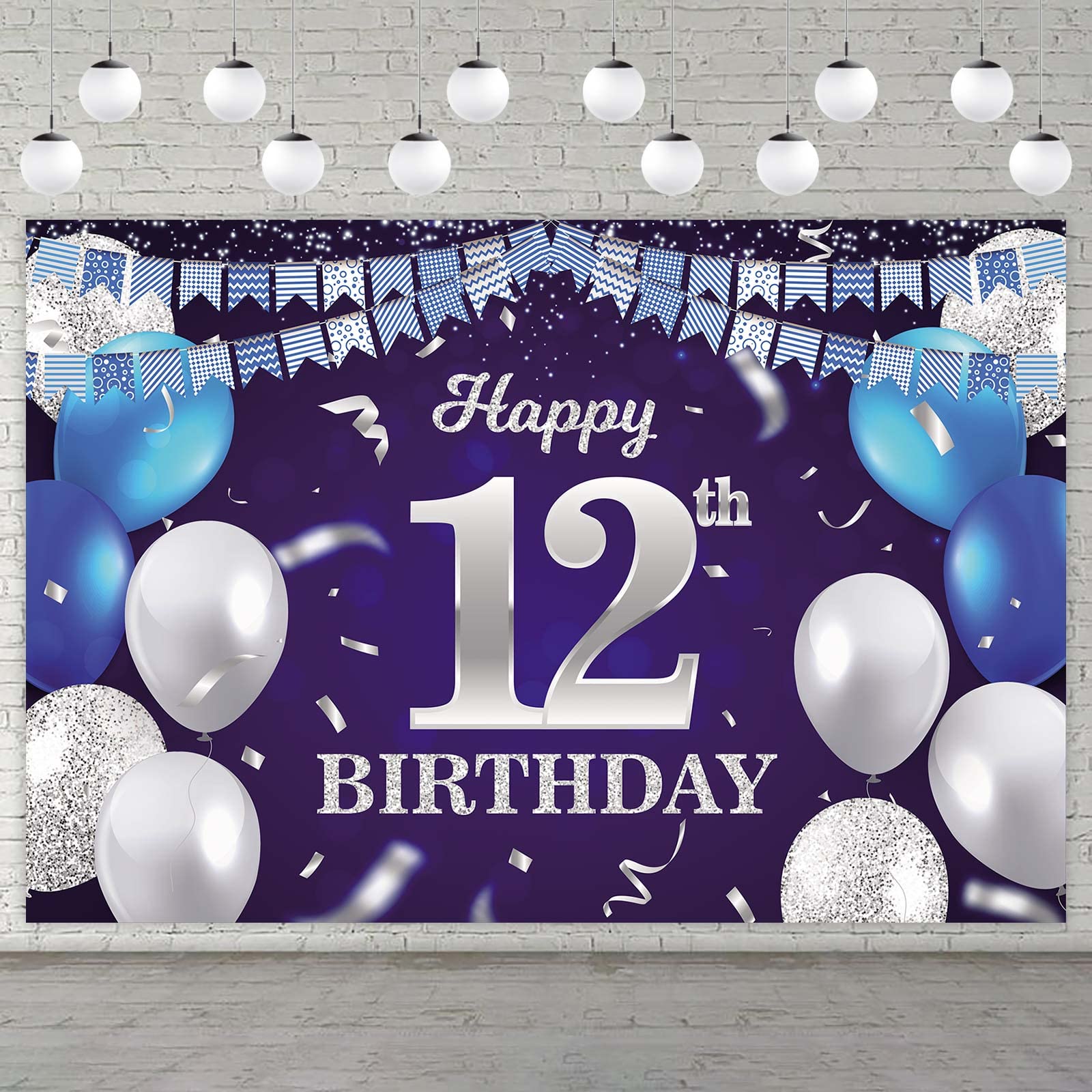 Happy 12Th Birthday Banner Backdrop Navy Blue Balloons Confetti Stripe Flag Light Spots Cheers To 12 Years Old Theme Decorations