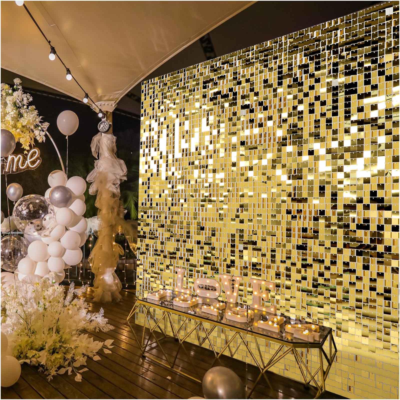 Kate Square Light Gold Sequin Wall Panels Shimmer Wall Birthday Party Backdrop Decorations (Pack Of 12)
