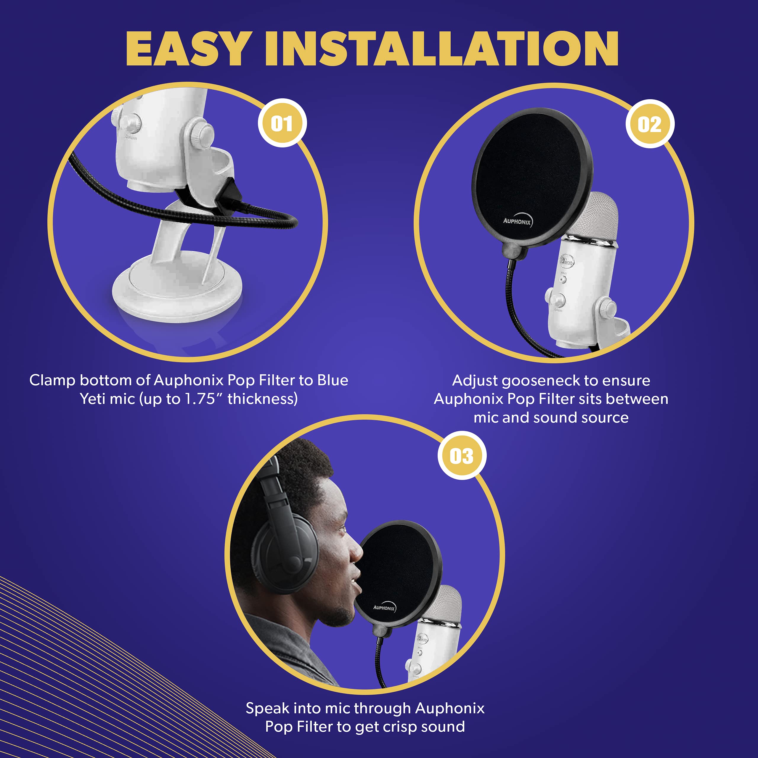 Auphonix Pop Filter Screen For Microphones   Gooseneck Clamps Compatible With Blue Yeti Microphone   Great Gift