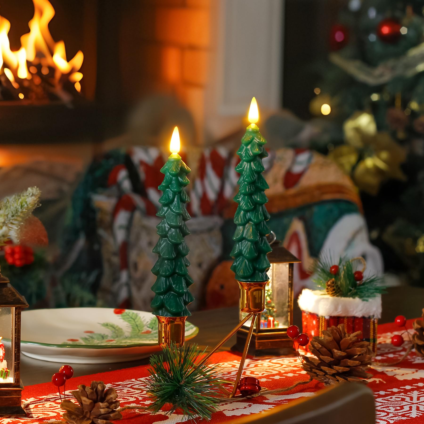 Zevanor Green Tree Flameless Real Wax Taper Candles With Remote Timer, Battery Operated Flickering 3D Wick Led Candlesticks 0.78