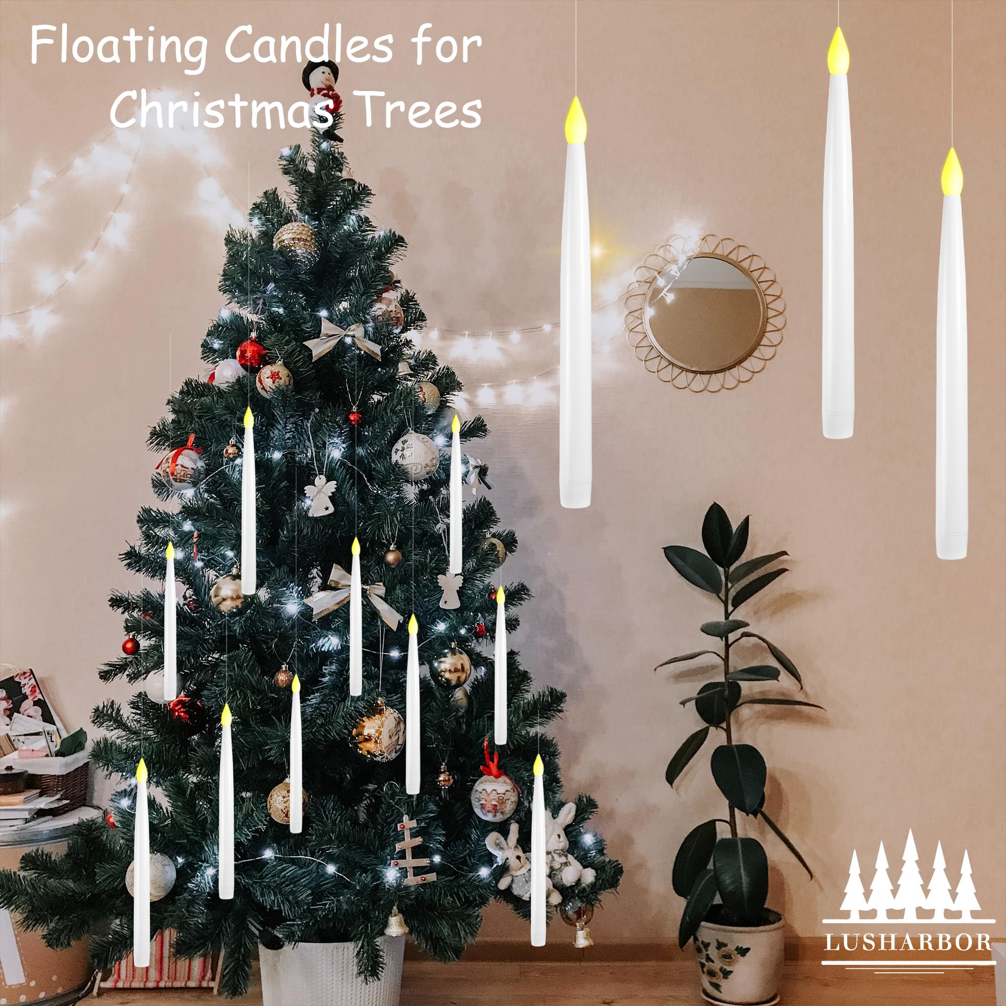 Lusharbor Floating Candles With Wand, 10 Pack Halloween Flameless Candles Battery Operated Led Taper Hanging Candles Electric Ca