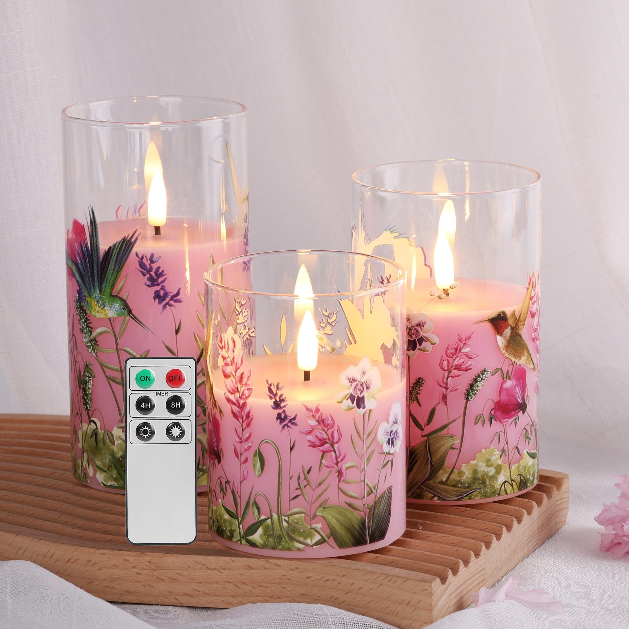 Eywamage Pink Hummingbird Glass Flameless Candles With Remote, Flickering Battery Floral Led Pillar Candles Set Of 3