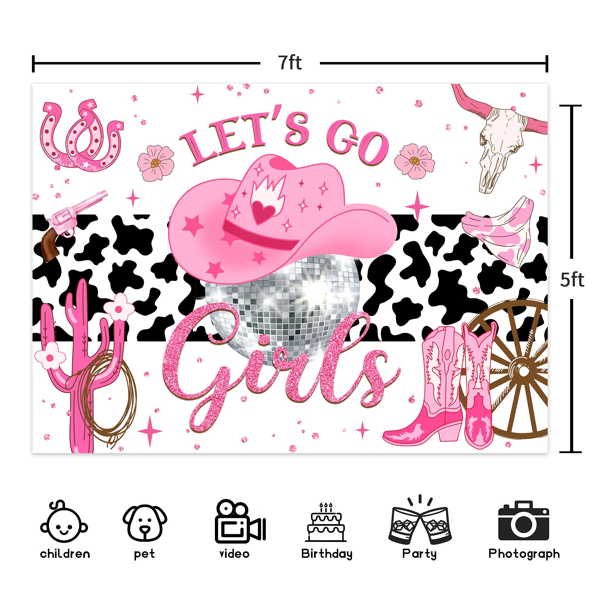 Ufeela Cowgirl Backdrop For Girl Western Pink Disco Birthday Decor Let'S Go Rustic Cow Print Party Banner Cactus Hat Boots Wild