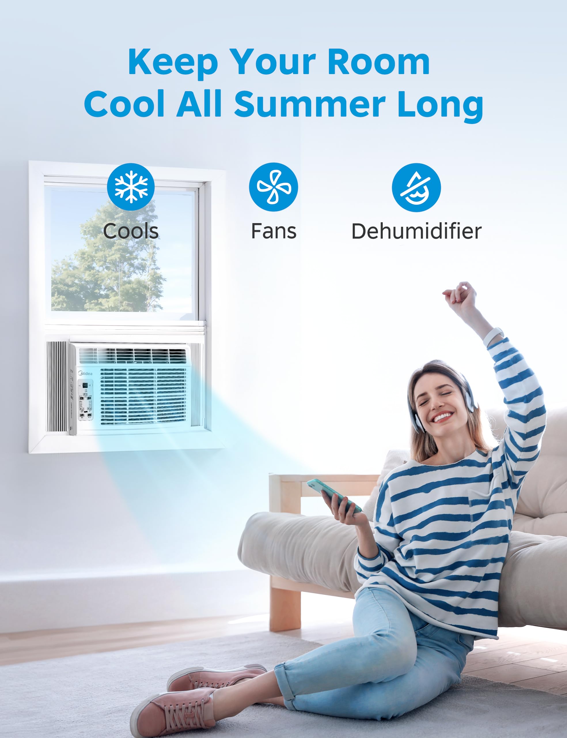 Midea Maw06R1Cwt Easycool 6,000 Btu Window Air Conditioner, Fan Cools, Circulates And Dehumidifies Up To 250 Sq Ft, Reusable Filter, Lcd Remote Control, White