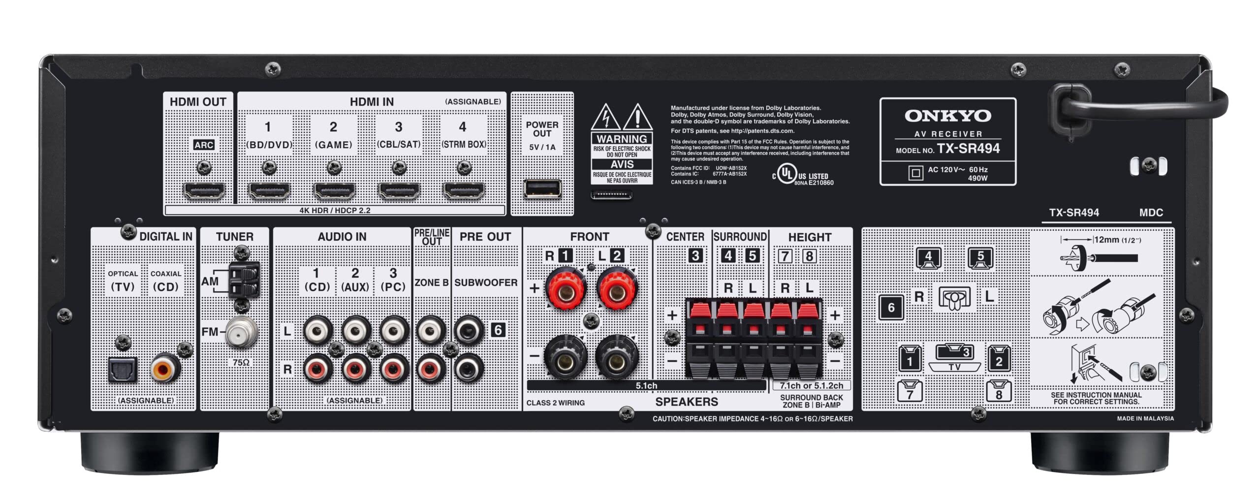 Onkyo Tx Sr494 Av Receiver With 4K Ultra Hd | Dolby Atmos | Dts: X | Hi Res Audio (2019 Model)