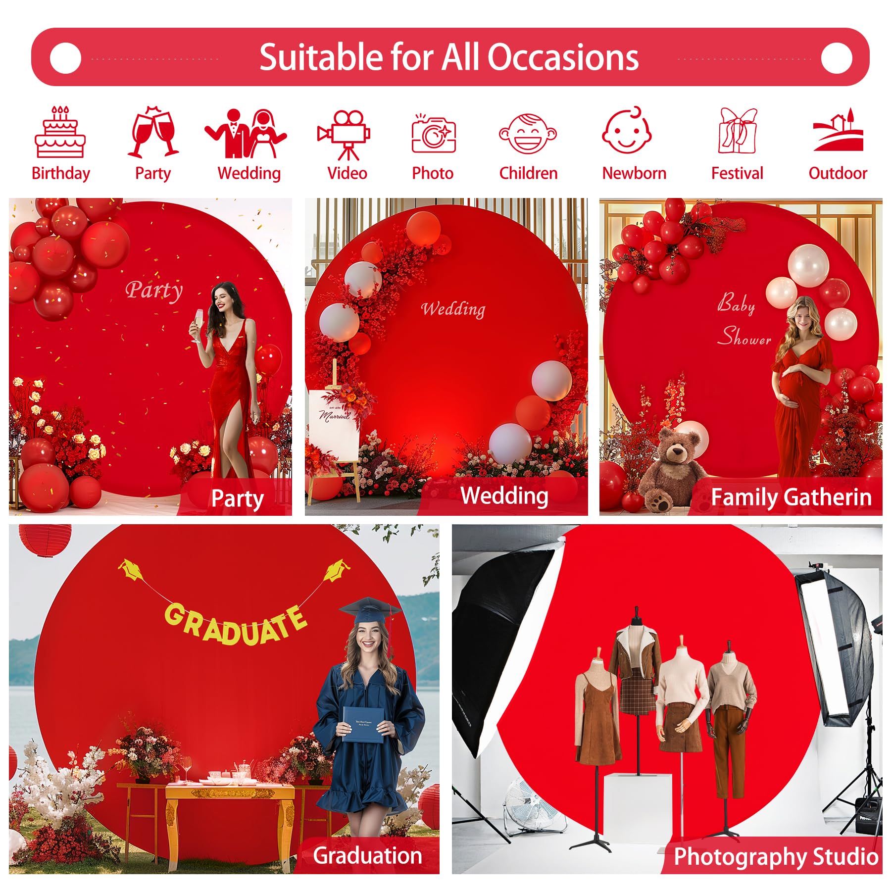 Gallety 7.2 Ft Red Round Backdrop Cover For 5 To 7.2Ft Round Backdrop Stand   Adjustable Circle Arch Backdrop Cover For Wedding