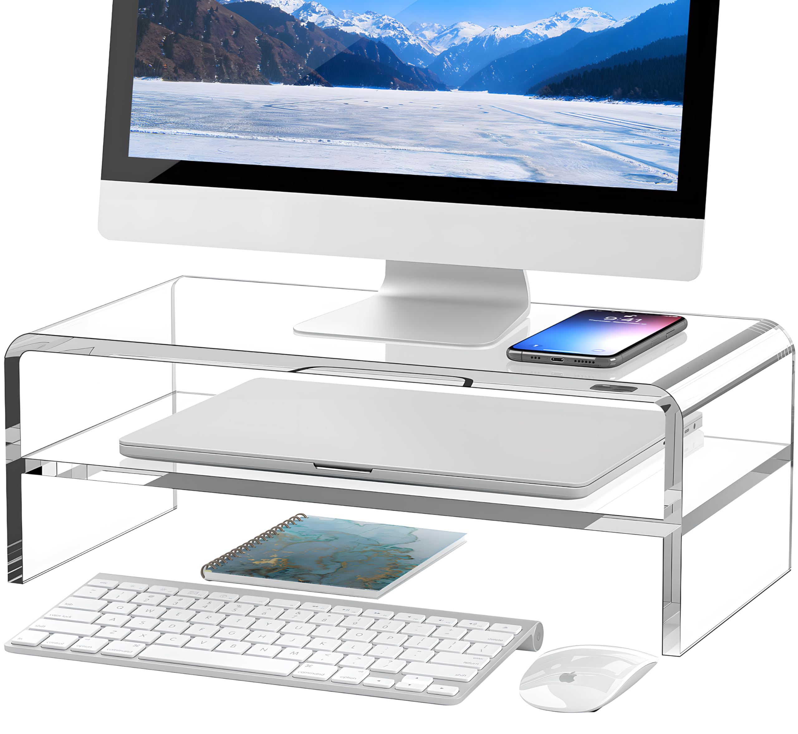 Egchi Clear Acrylic 2 Tier Monitor Stand Riser For Multi Media Pc Laptop Computer Desk Organizer Shelf