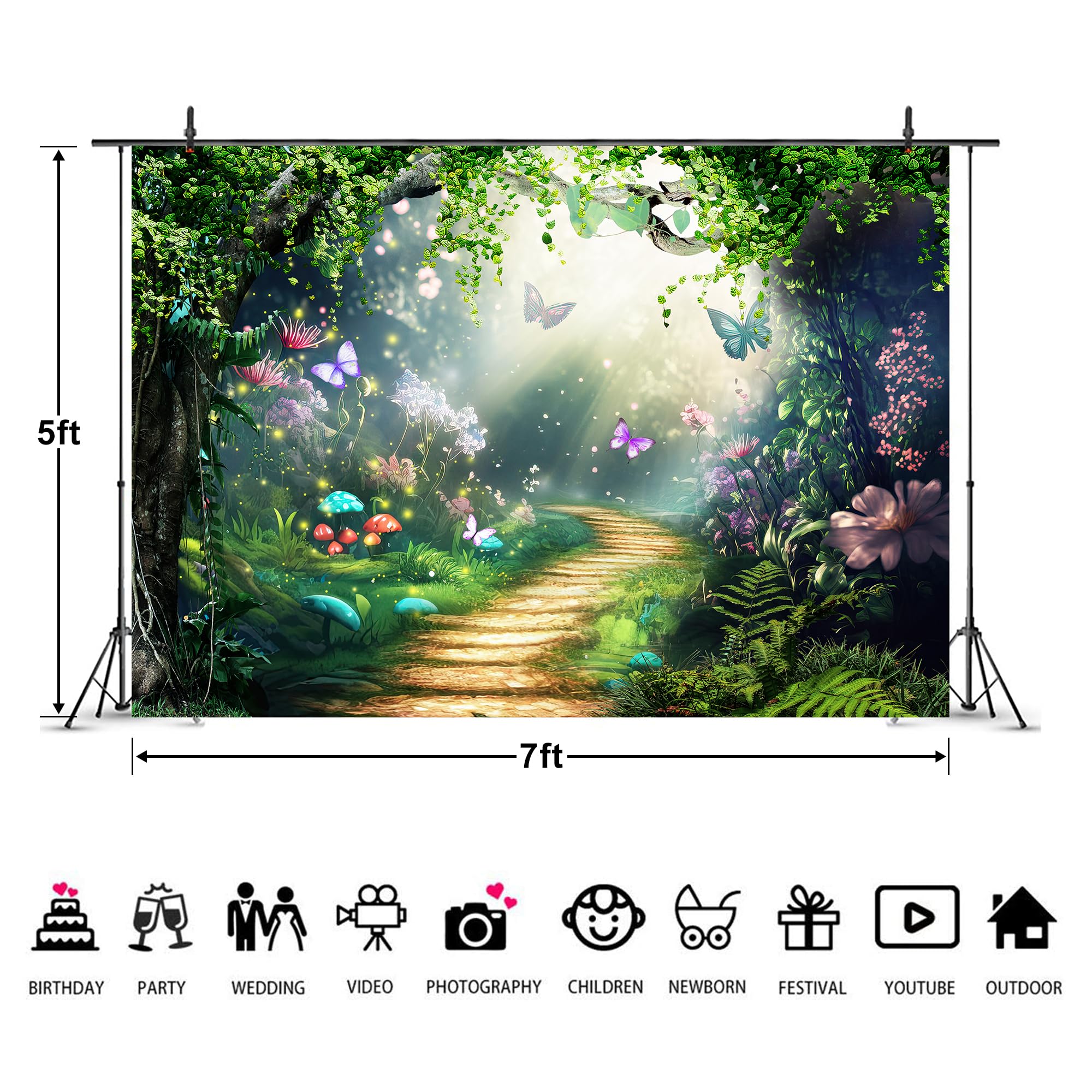 Imirell Princess Castle Birthday Backdrop 7Wx5H Feet Pink Girls Fairy Tale Rainbow Flower Butterfly Polyester Fabric White Horse