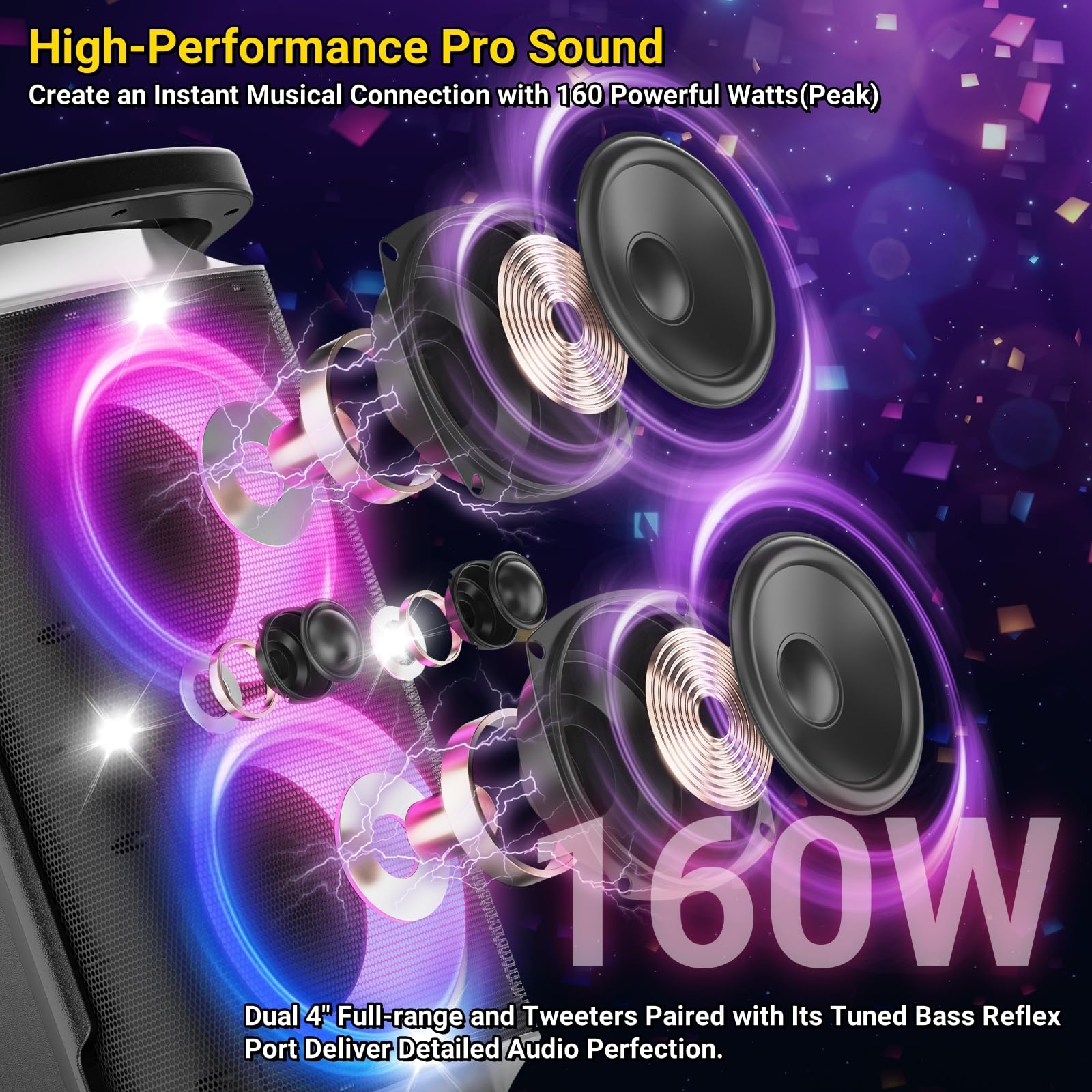 Tpbeat Portable Bluetooth Party Speaker: 160W Peak Powerful Loud Sound Deep Bass Wireless Boombox Large Subwoofer 15 Hours Batte