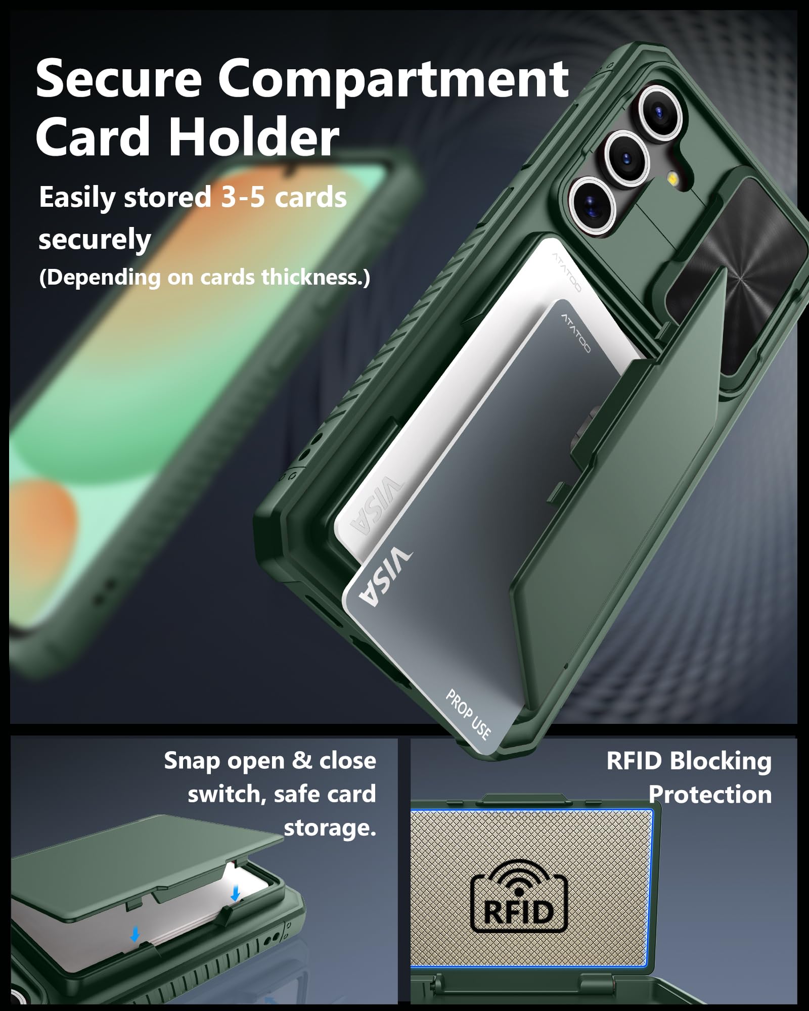 Atatoo For Samsung Galaxy S24 Fe Wallet Case With Card Holder(Store 4 5 Cards) [Rfid Blocking] & Sliding Camera Cover, Military