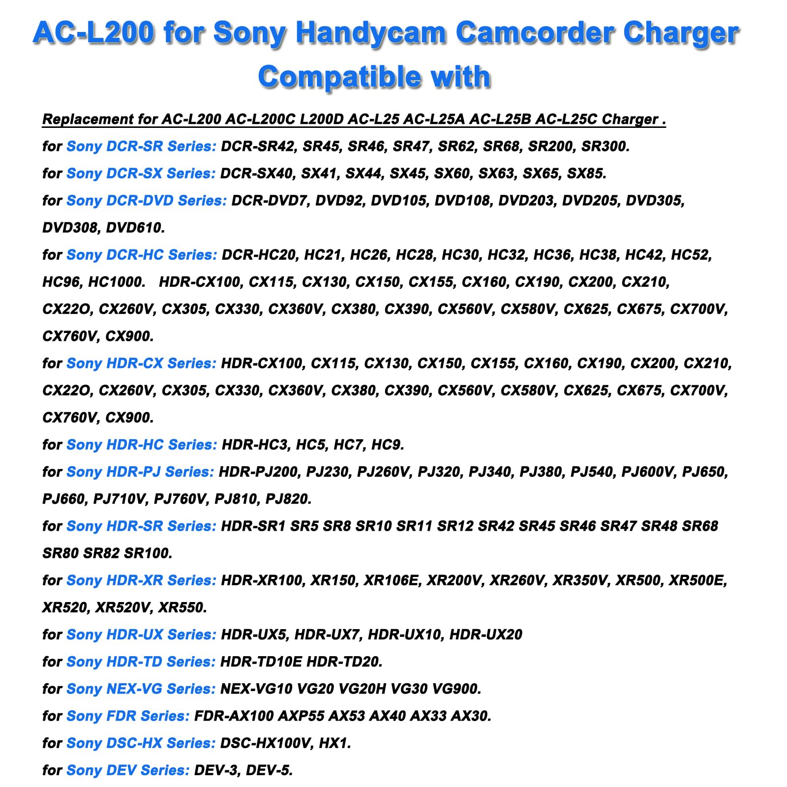 Tkdy Ac L200 For Sony Handycam Camcorder Charger, Acl200 Power Supply Cord, Fit For Sony Dcr Dvd Dcr Hc Dcr Sr Dcr Sx Hdr Cx Hdr Hc Hdr Pj Hdr Sr Hdr Xr Hdr Ux Hdr Td Nex Vg Fdr, Dsc Hx, Dev Series.