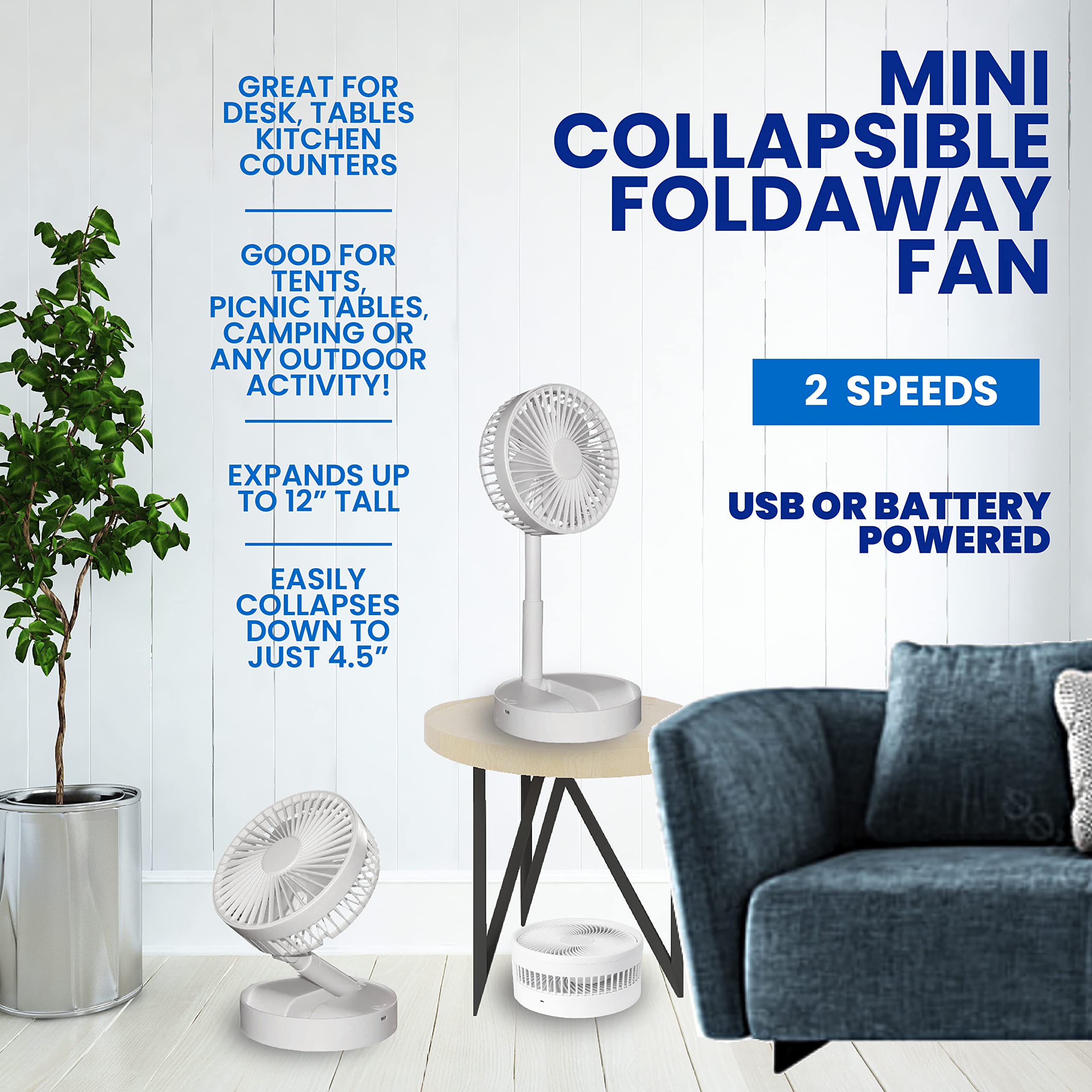 Bell+Howell MY FOLDAWAY FAN Mini Rechargeable Portable Fan - 12" High, Lightweight, White, Model 7623, 2 Speed Modes