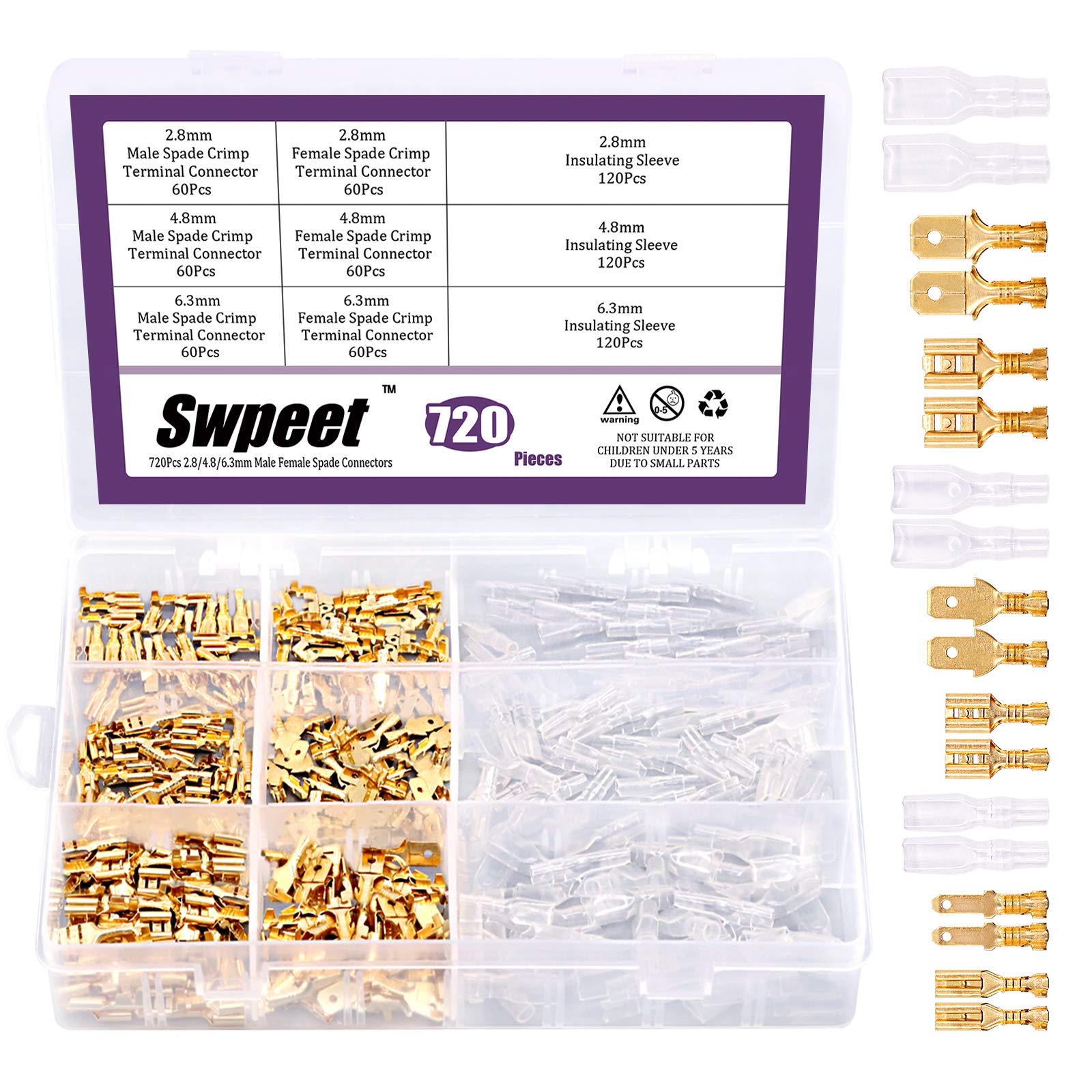Swpeet 720Pcs Gold 2.8/4.8/6.3Mm Male And Female Spade Quick Connectors Wire Crimp Terminal Block With Insulating Sleeve Assortm