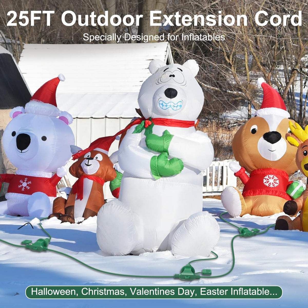 Extend Inflatable Power Cable 25Ft Long Green Extension Cord 3 Outlets For Christmas Inflatables Blow ...