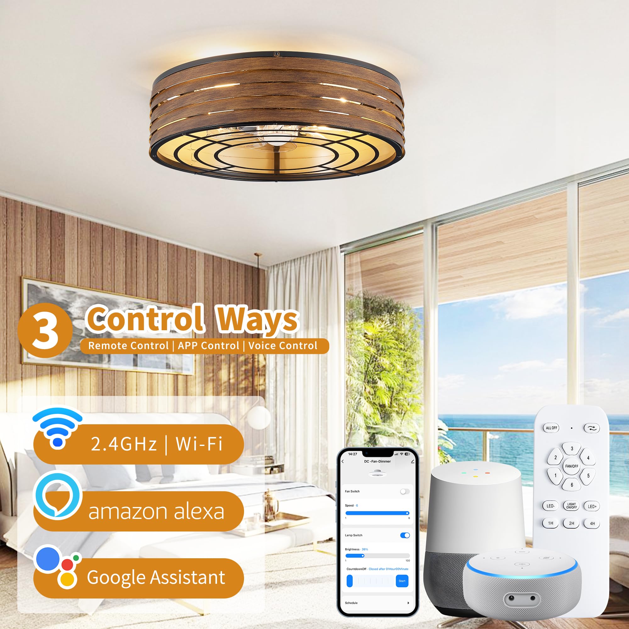 20 Flush-Mount Smart Ceiling Fan With Dimmable-Light And Memory Remote App/Alexa Control, Reversible-Motor, Perfect For Bedroo
