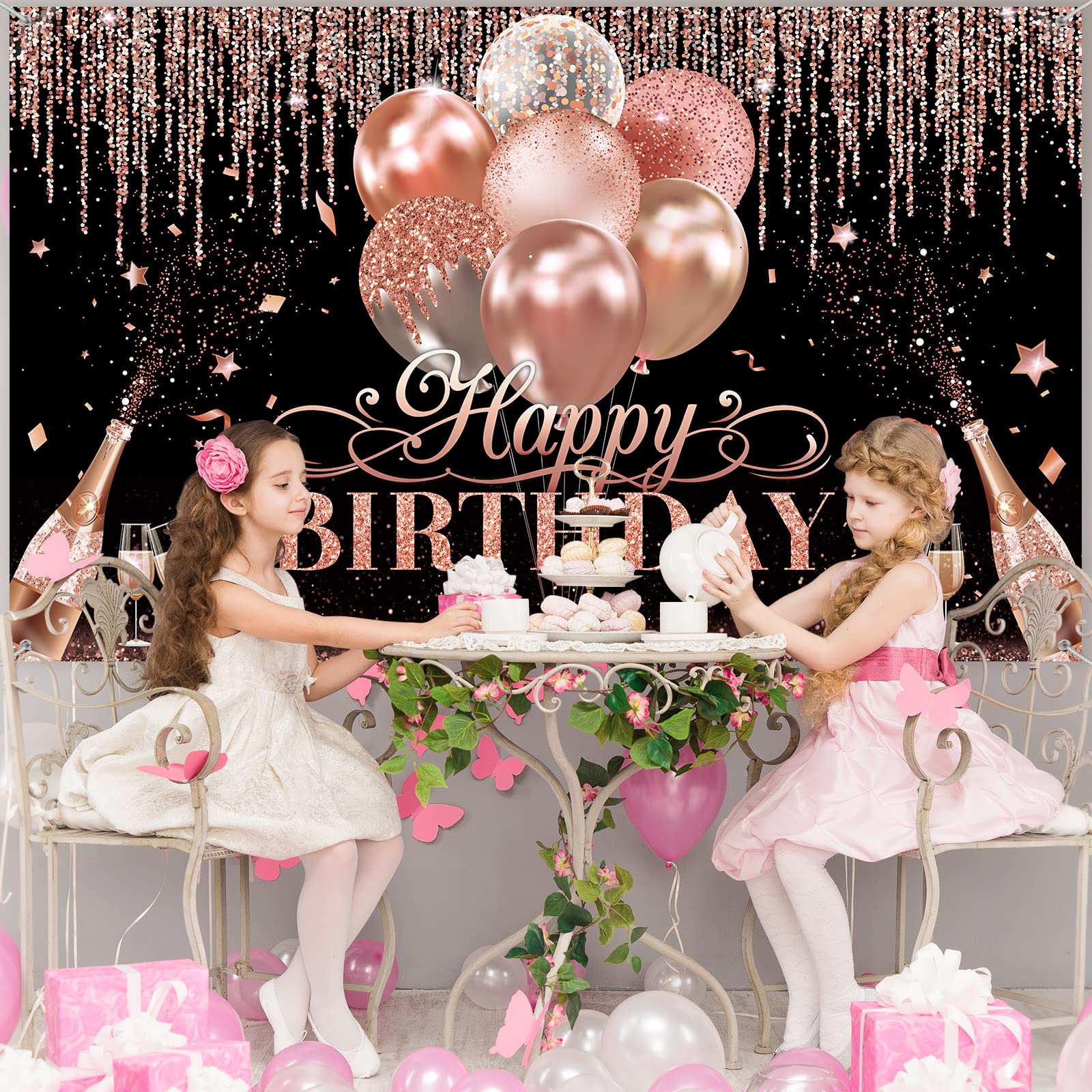 Black Silver Rose Gold Happy Birthday Party Decorations Supplies Glitter Balloon Birthday Party Backdrop For Women Girls Happy B