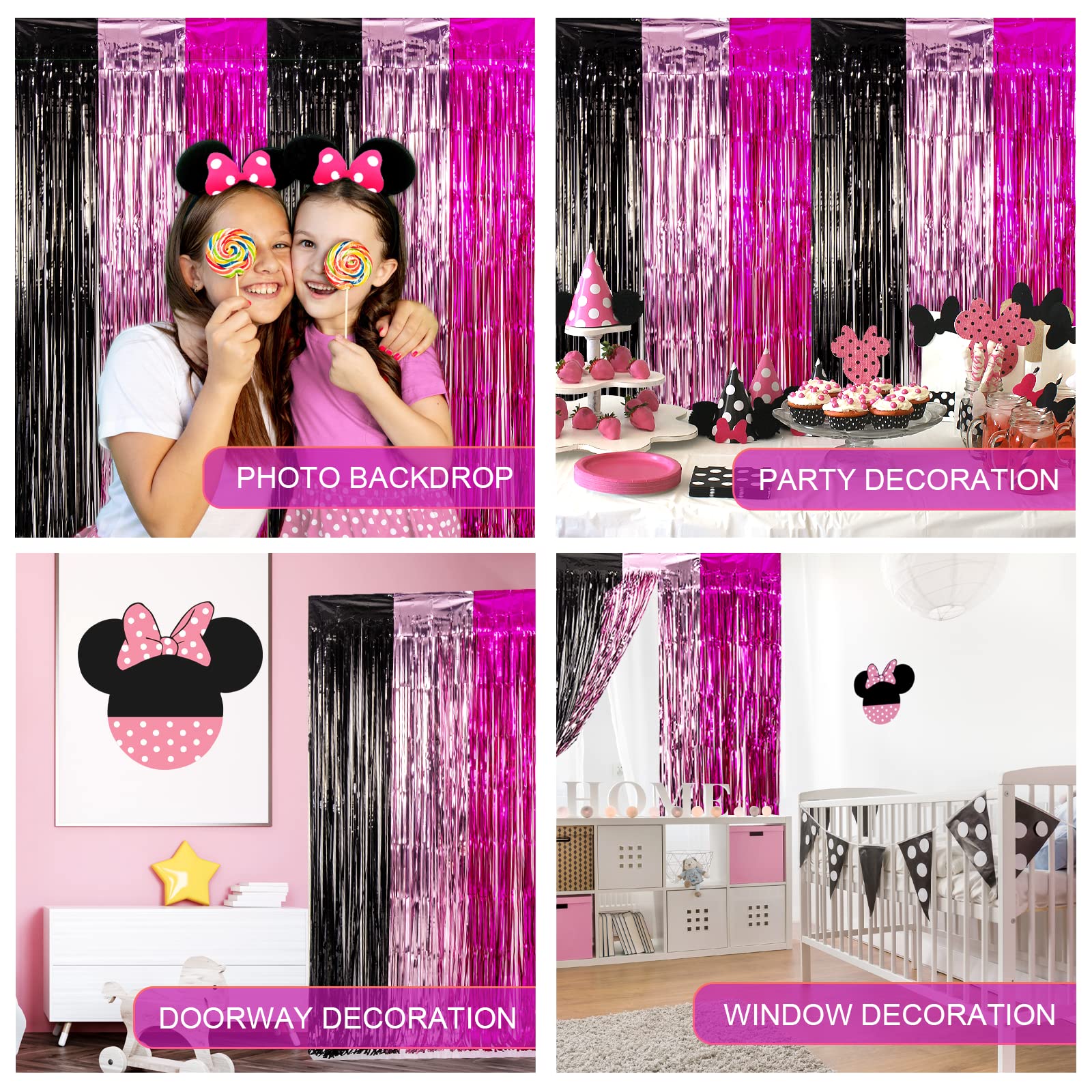 Lolstar 3 Pack Minnie Birthday Party Supplies,3.3X6.6 Ft Black Pink Fuchsia Tinsel Foil Fringe Curtains,Cartoon Mouse Photo Boot