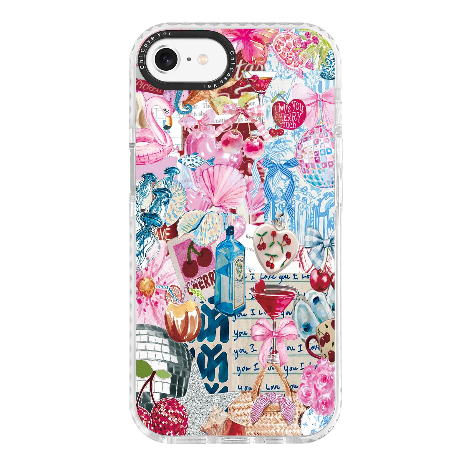 ChiCaseVer for iPhone 7/8/SE Case, Cherry Love Collage Pattern with Romantic Notes & Seashells, Festive Soft Slim TPU Protective