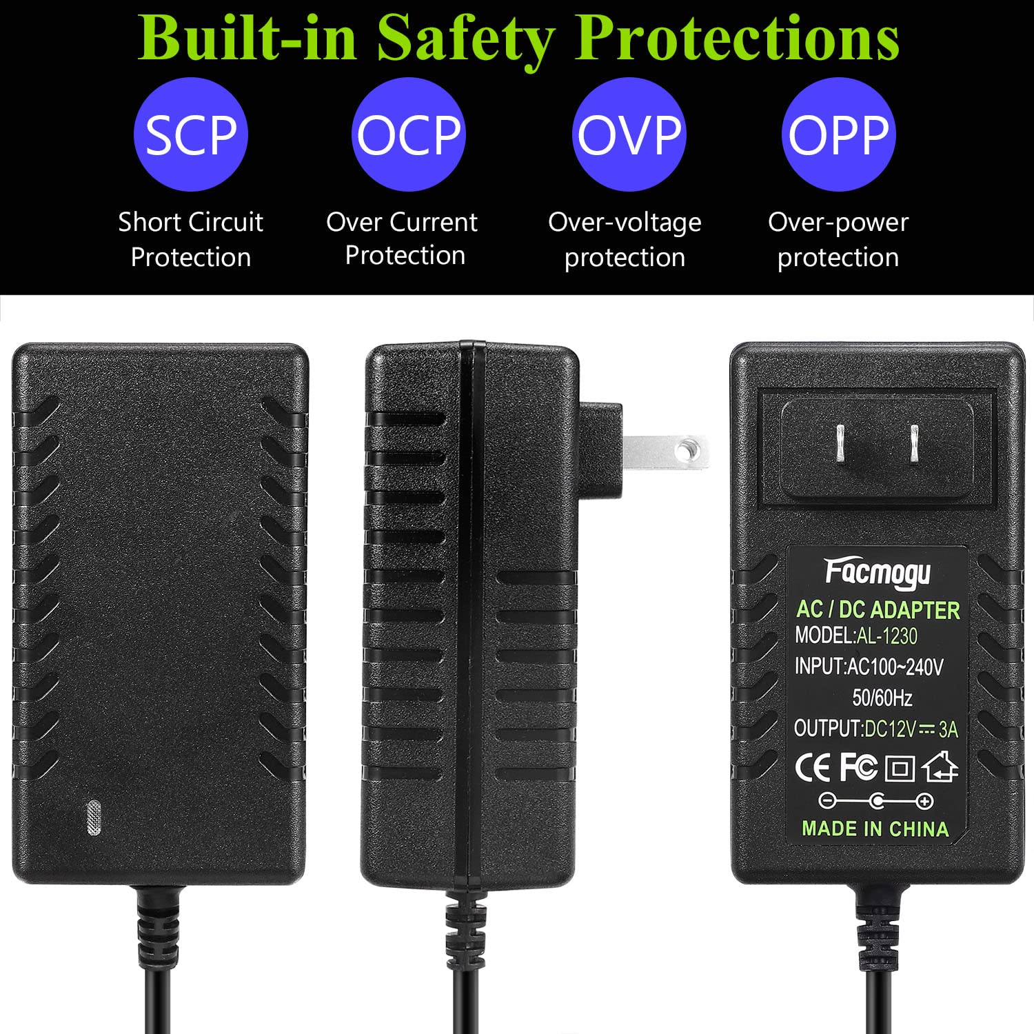 Facmogu Dc 12V 3A Power Supply Ac Adapter, Ac 100 240V To Dc 12 Volt Wall Plug Transformers 36W With 150Cm/ 4.92 Feet Long Cable, Wall Mounted Power Adapter With Barrel Connector 5.5X2.5Mm & 5.5X2.1Mm