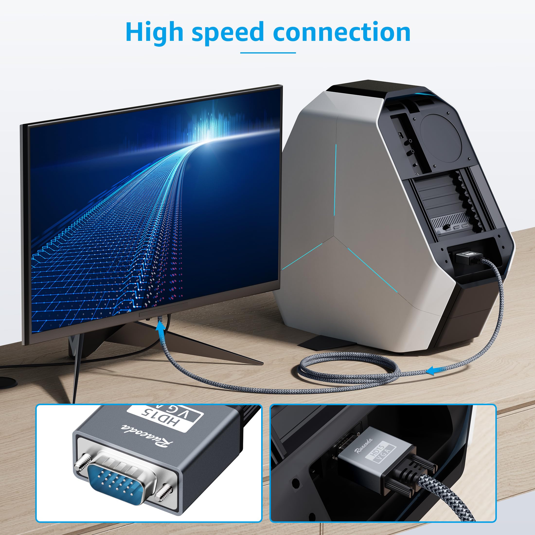 Ruaeoda Vga Cable,Vga To Vga Cable 6 Ft, Nylon Braided 15 Pin 1080P Full Hd Computer Monitor Cable Male To Male Vga Cord For Pc